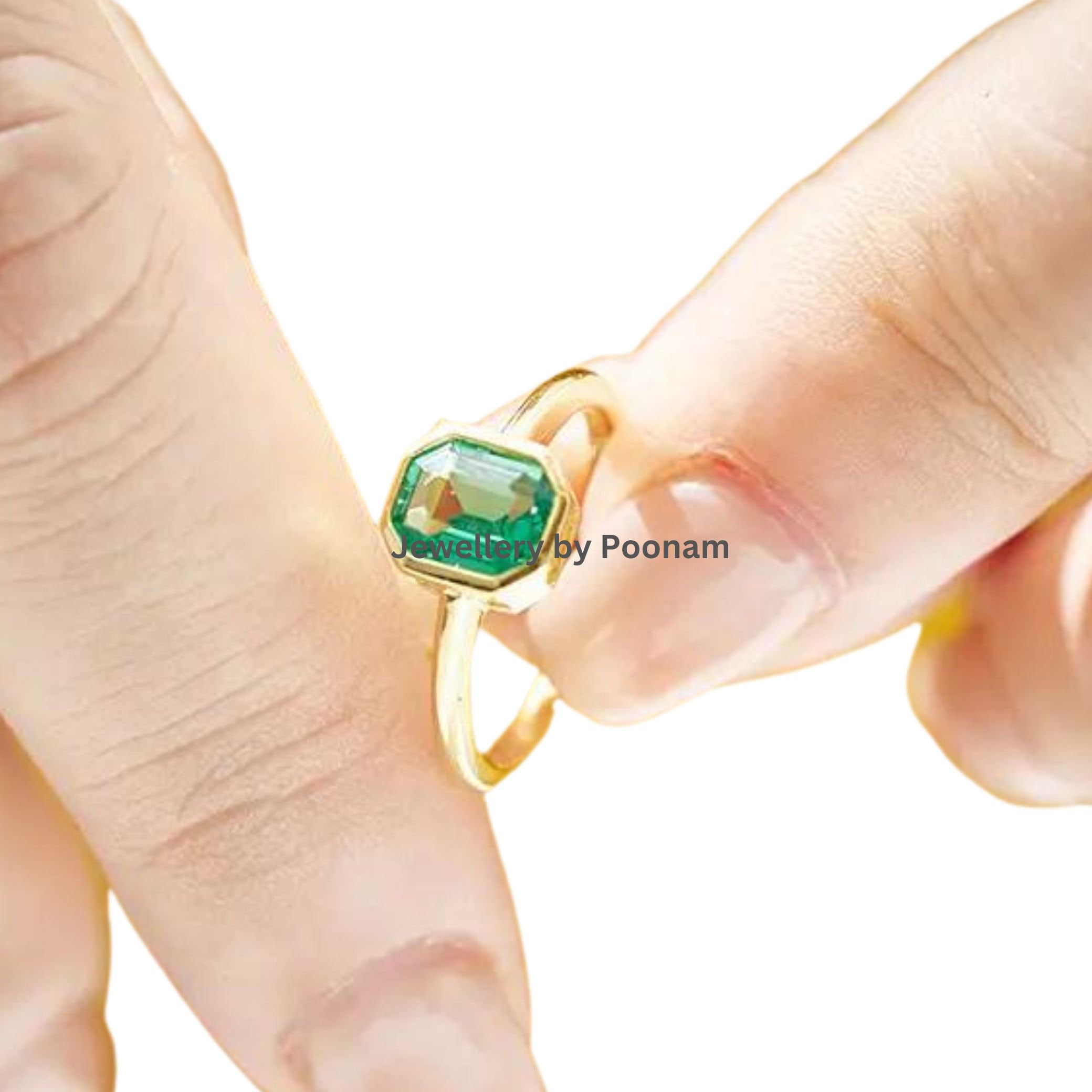 925 Gold-Plated Emerald Ring: Handmade Designer Jewelry - View 3 - Jewelry By Poonam | SKU: R-1041