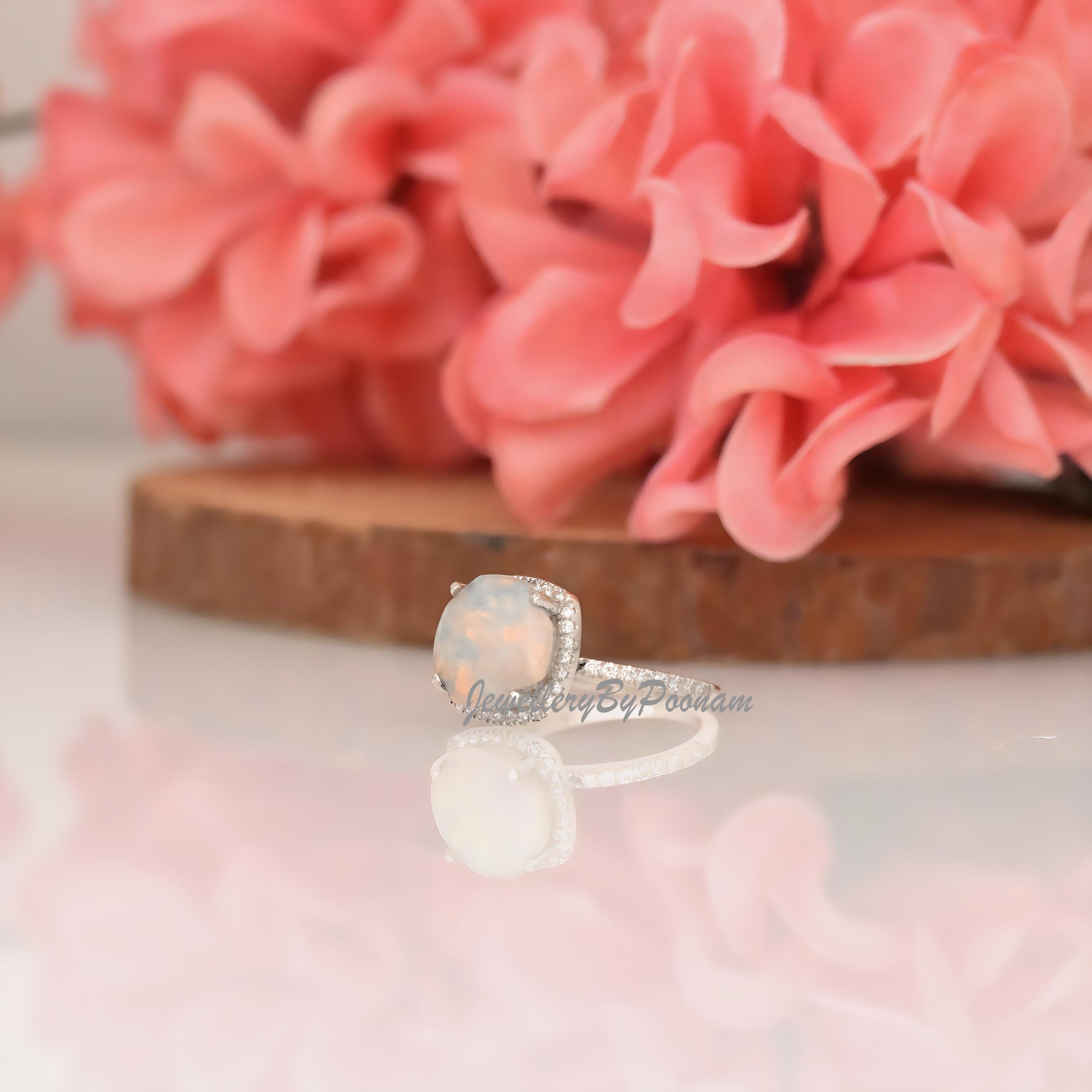 Cushion Cut Opal Halo Ring: Vintage Sterling Silver Engagement Ring - View 2 - Jewelry By Poonam | SKU: MJR3167-SLWGEOPMN-US-