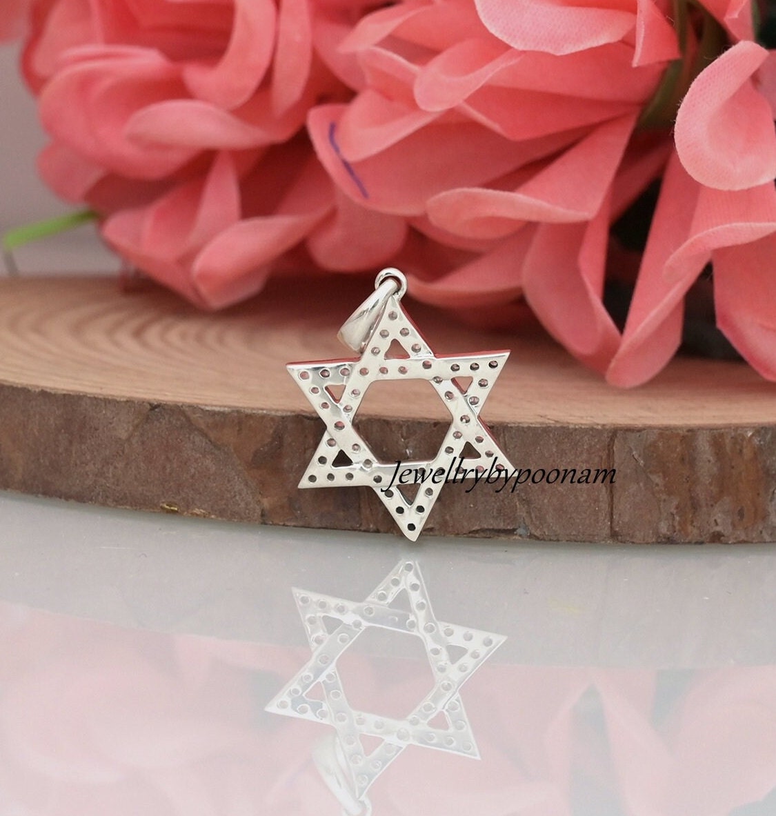 CZ Diamond Star of David Pendant: 925 Sterling Silver Charm (30 MM) - View 2 - Jewelry By Poonam | SKU: PJP3179-SLNSCZ-30M 2/