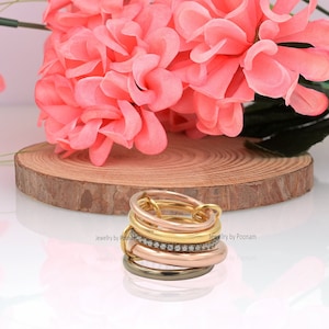 diamond and plain stacking band ring, 92.5 silver multi connector link band ring, woman  5 set Band Ring, Link Band Ring