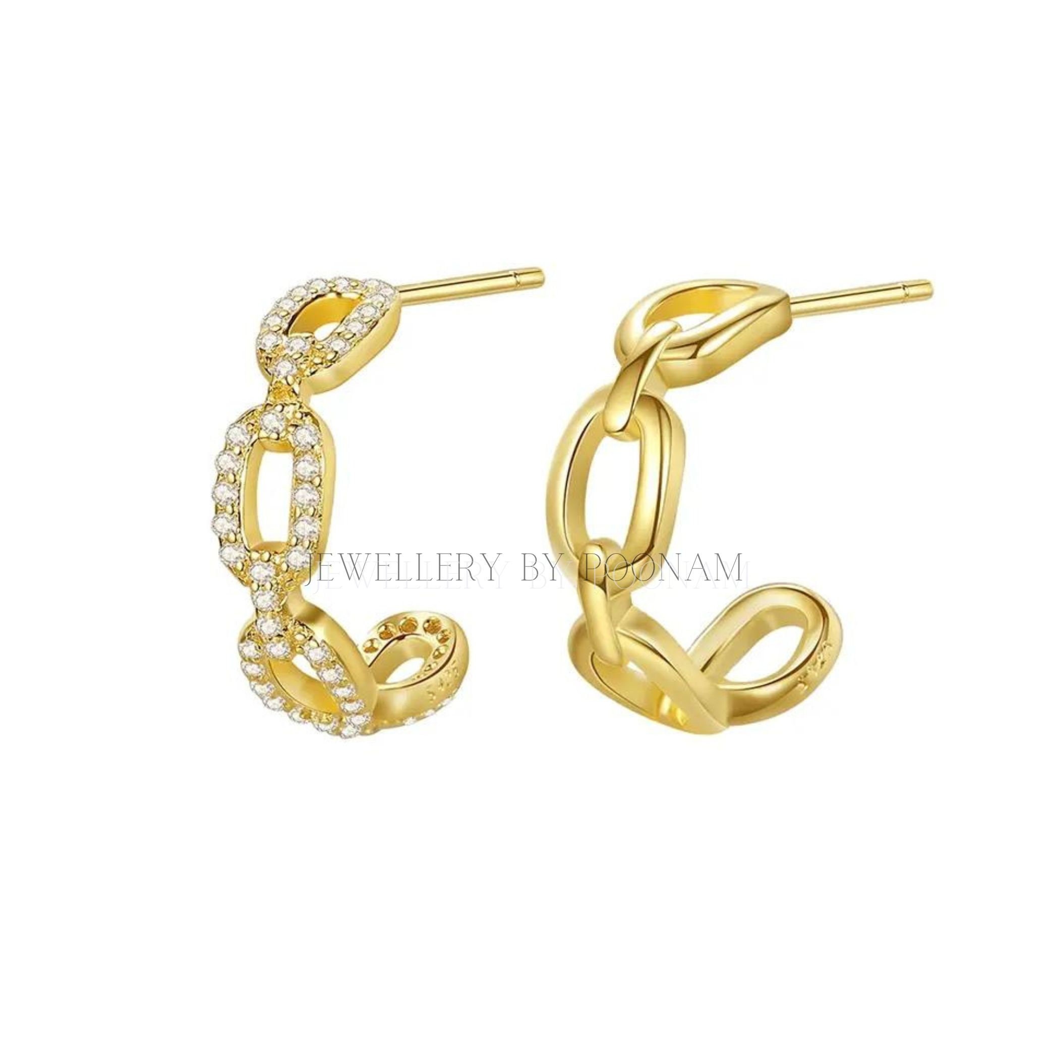 Chain Link Hoop Earrings with Asymmetric CZ Accents | Modern Statement Jewelry - Jewelry By Poonam | SKU: E-103