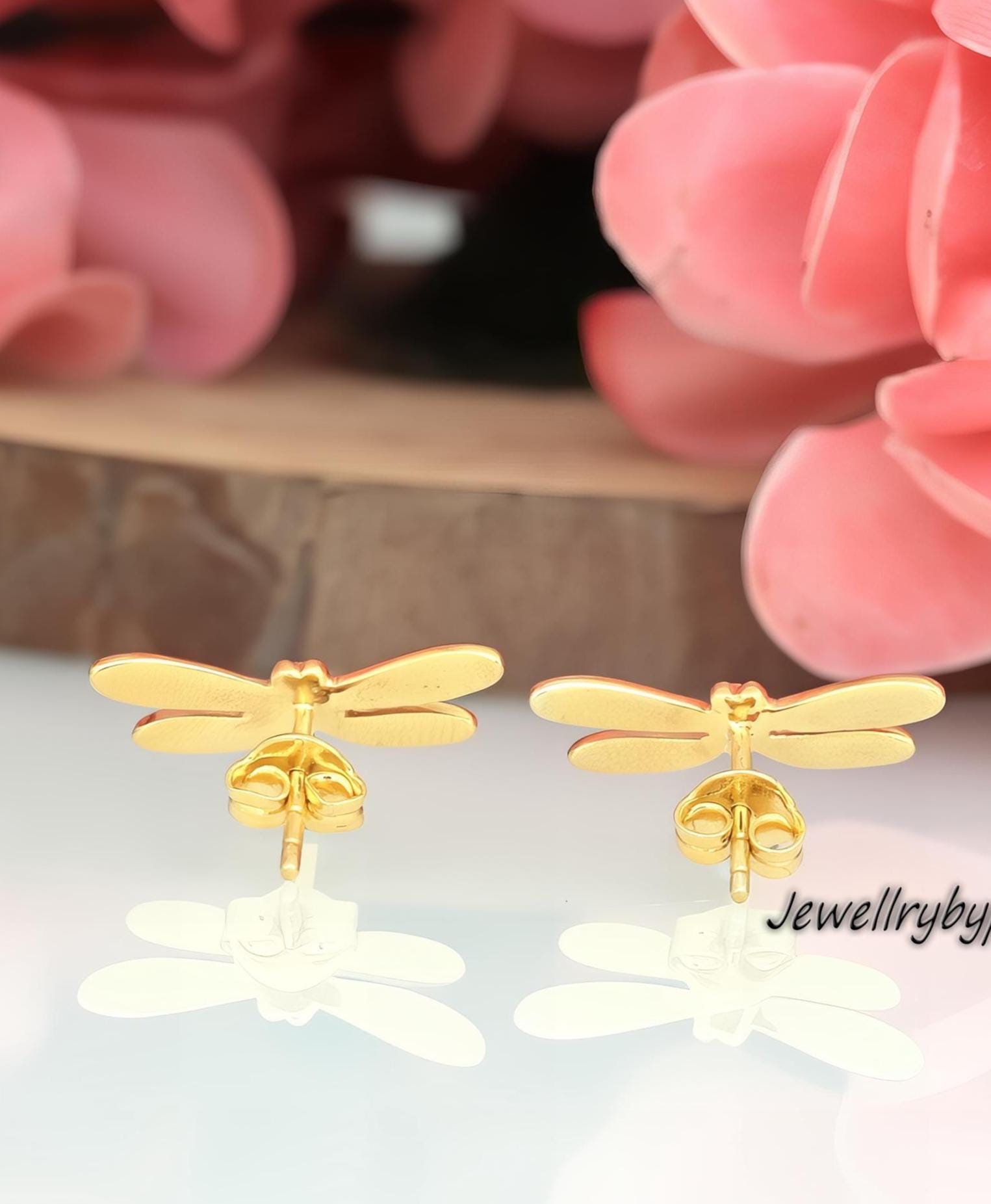 Dragonfly Stud Earrings – 9K Gold or Sterling Silver, Dainty Nature Jewelry - View 2 - Jewelry By Poonam | SKU: PJE1724-SLYG-