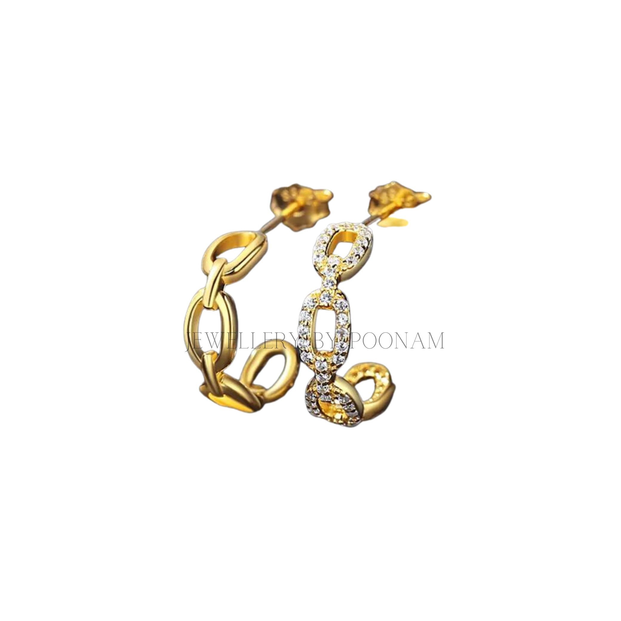 Chain Link Hoop Earrings with Asymmetric CZ Accents | Modern Statement Jewelry - View 4 - Jewelry By Poonam | SKU: E-103