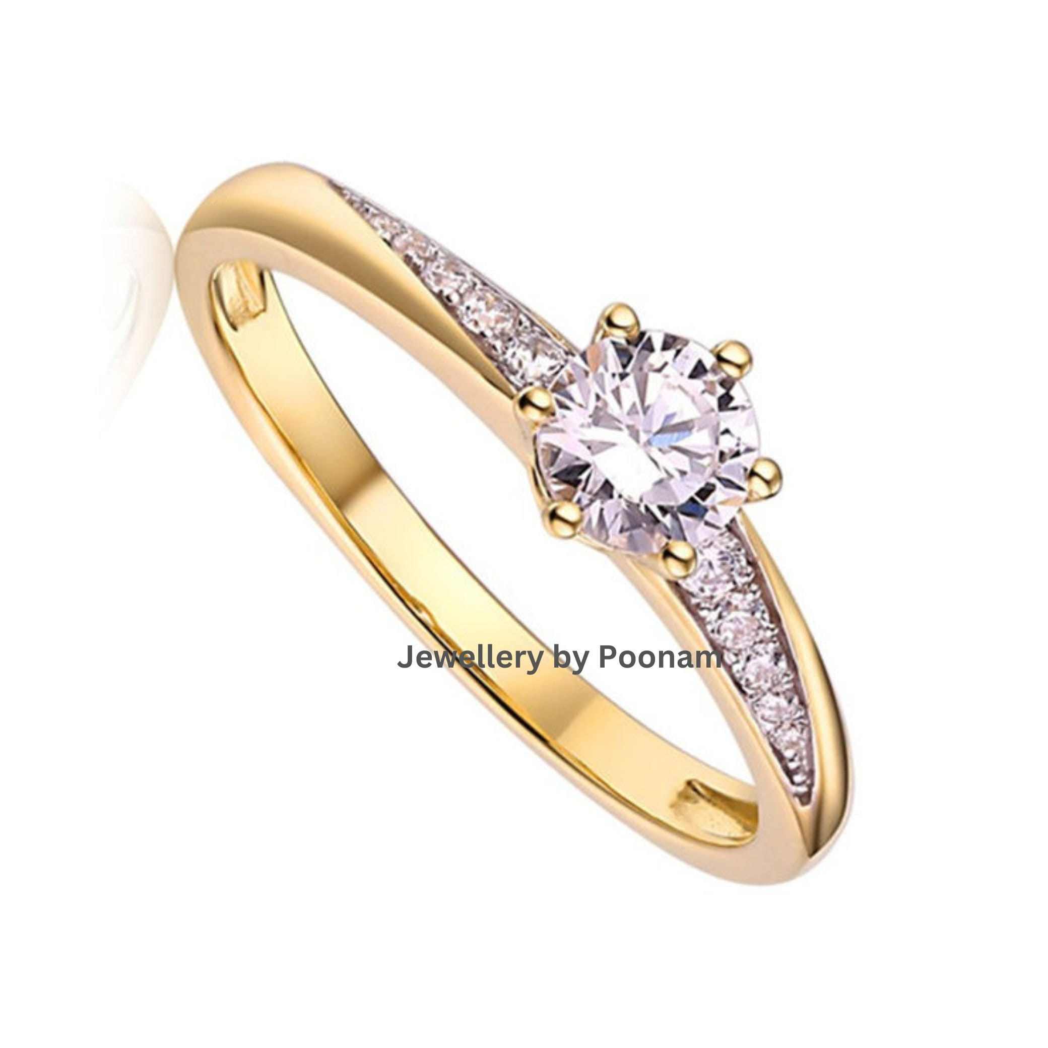 Custom 925 Yellow Gold Stackable Moissanite Diamond Engagement Ring for Women - Unique Jewelry Piece - Jewelry By Poonam | SK