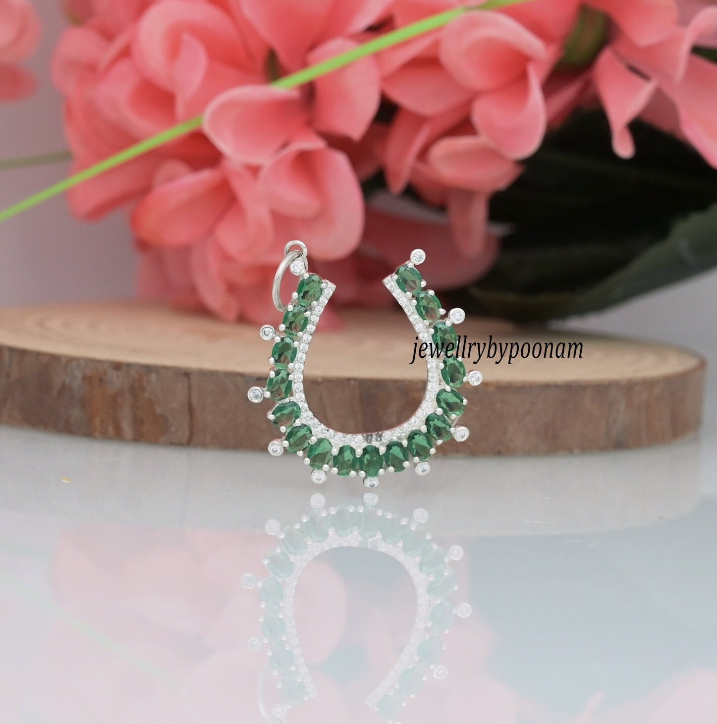 Horseshoe Charm Pendant: Emerald, Sapphire & Moissanite Diamond, 14K Gold or Sterling Silver - Jewelry By Poonam | SKU: PJP31