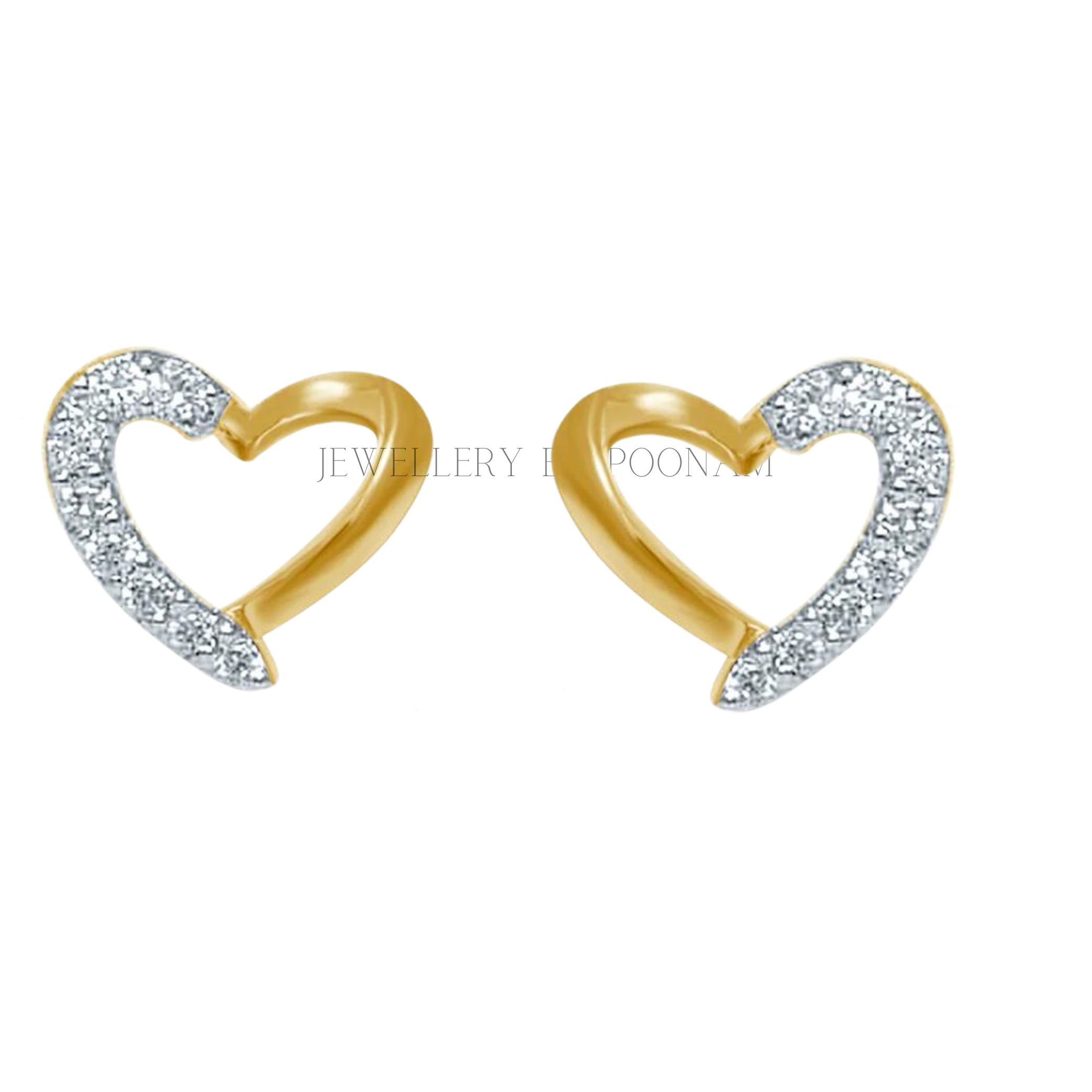 9k/14k Gold Sterling Silver Heart Stud Earrings, Moissanite Cubic Zirconia Detail - View 2 - Jewelry By Poonam | SKU: PJE1620