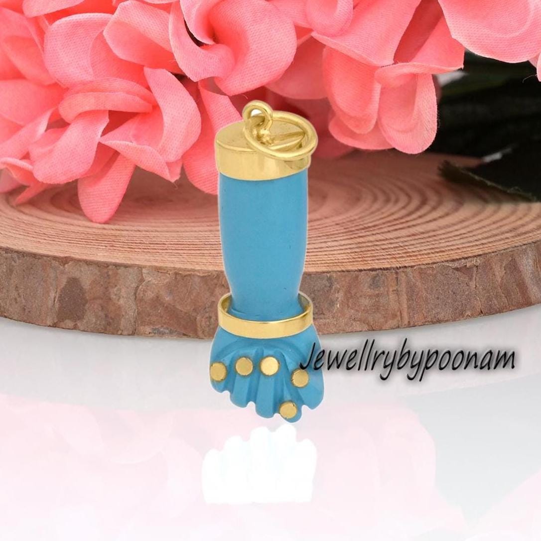 Sterling Silver Figa Hand Pendant: Yellow Gold Turquoise Enamel - View 2 - Jewelry By Poonam | SKU: PJP3441-SLYGTQELGD-35M 2/