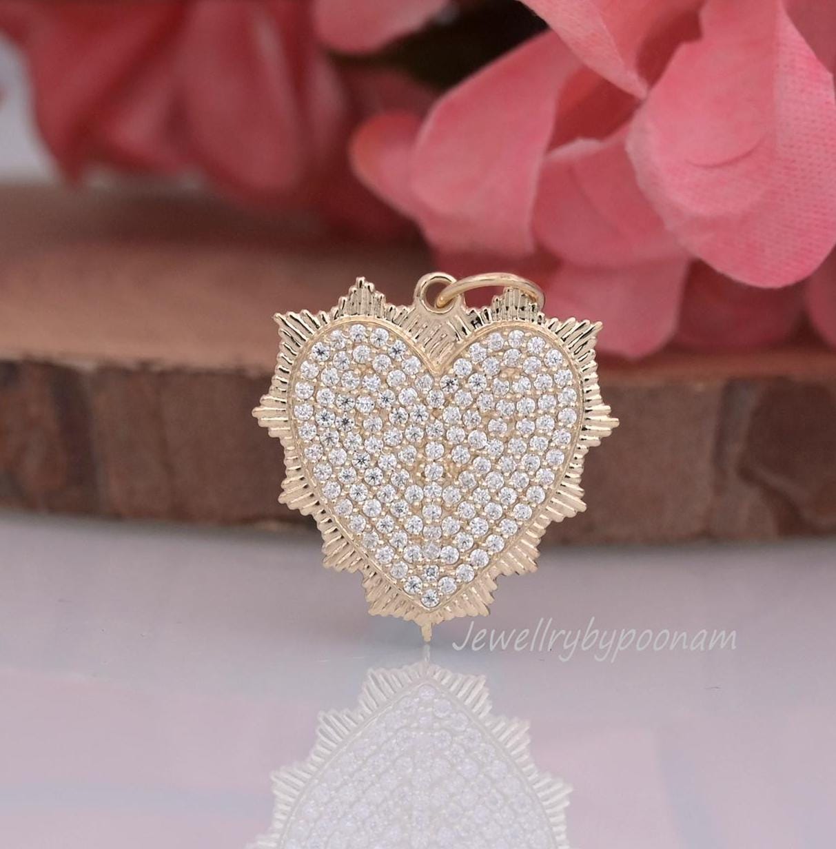 14K Gold Diamond Heart Pendant: Handmade Fluted Design - Jewelry By Poonam | SKU: PJP4353-14KYGMN-27M 2/26