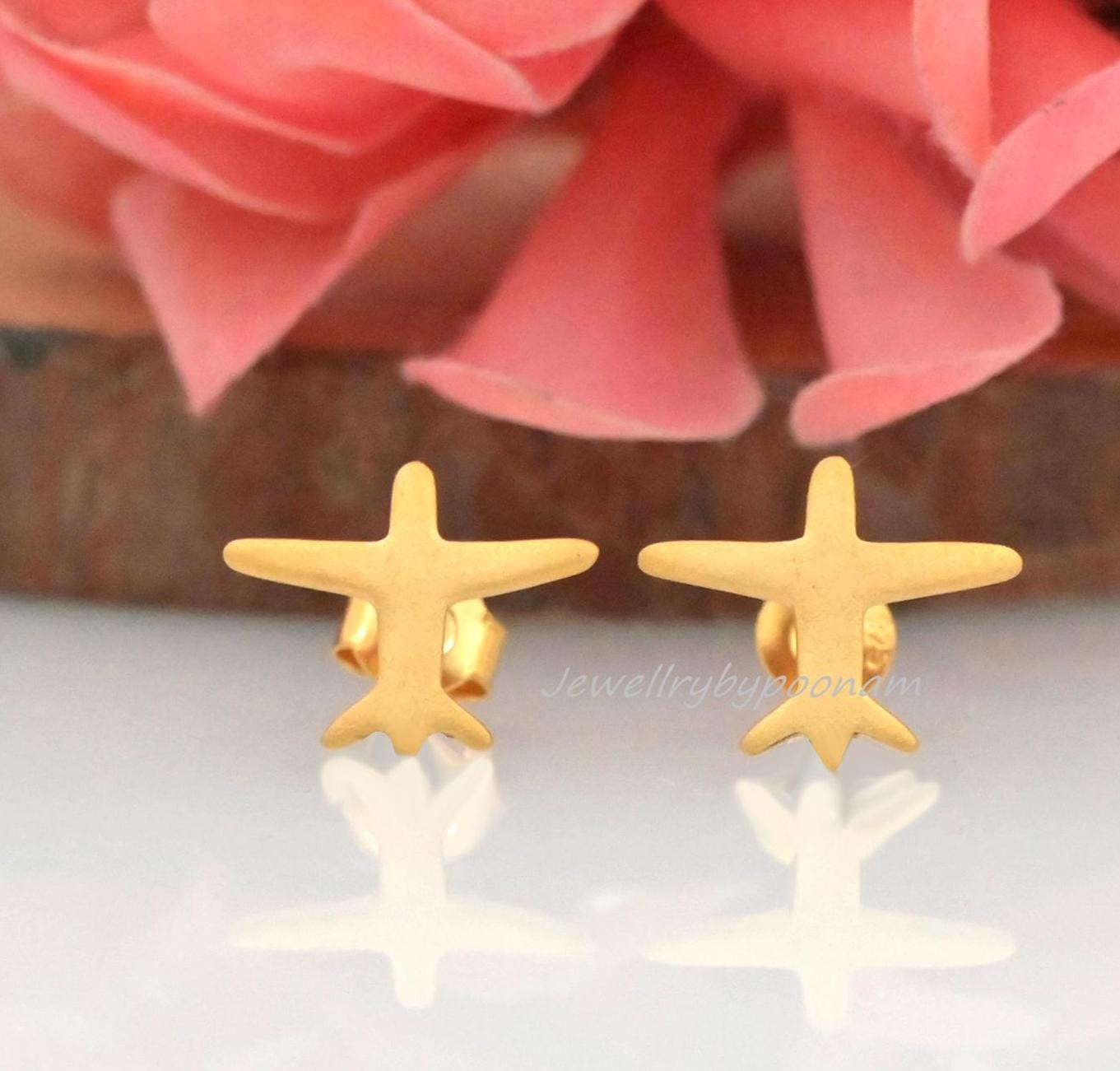 925 Sterling Silver Airplane Stud Earrings โ Dainty Travel & Aviation Jewelry - Jewelry By Poonam | SKU: PJE1794-SLYG-10M 2/2