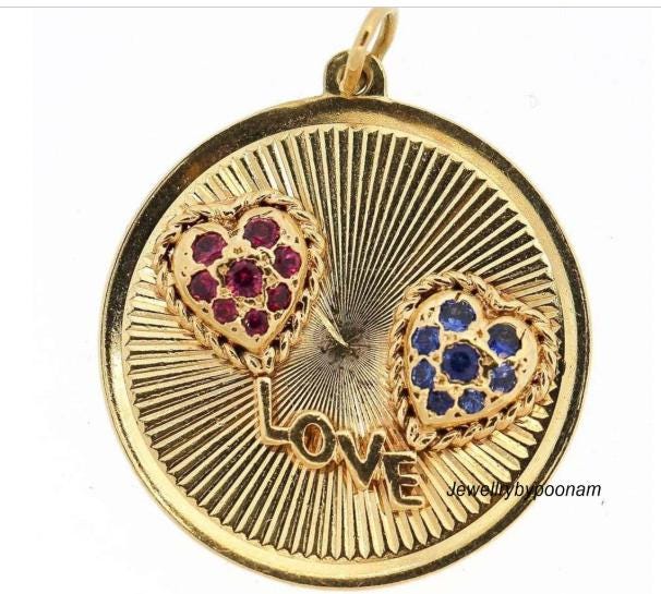 14k Gold Plated Heart Pendant: Ruby, Sapphire, CZ Diamond Charm (22 MM) - View 2 - Jewelry By Poonam | SKU: PJP-