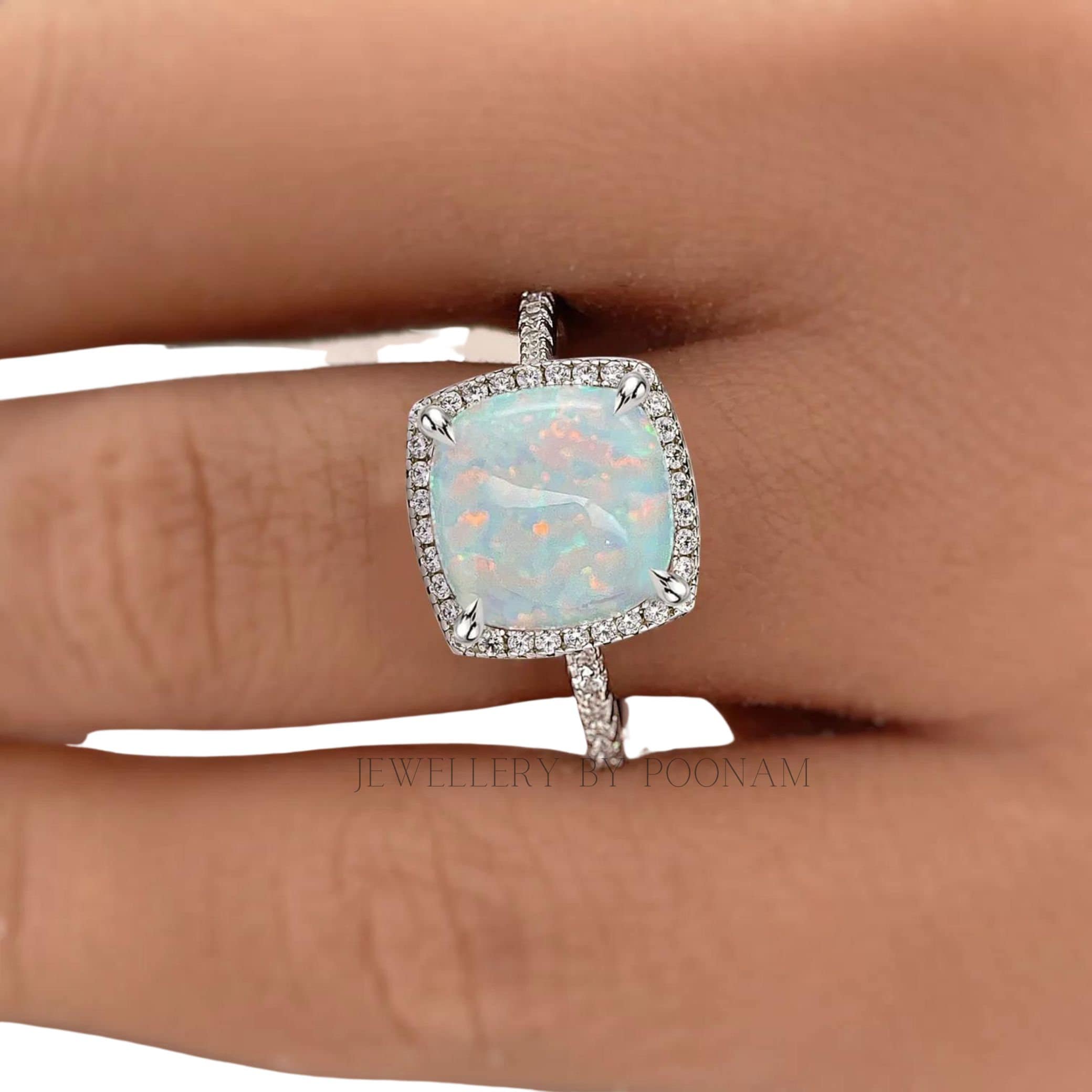 Cushion Cut Opal Halo Ring: Vintage Sterling Silver Engagement Ring - Jewelry By Poonam | SKU: MJR3167-SLWGEOPMN-US-9