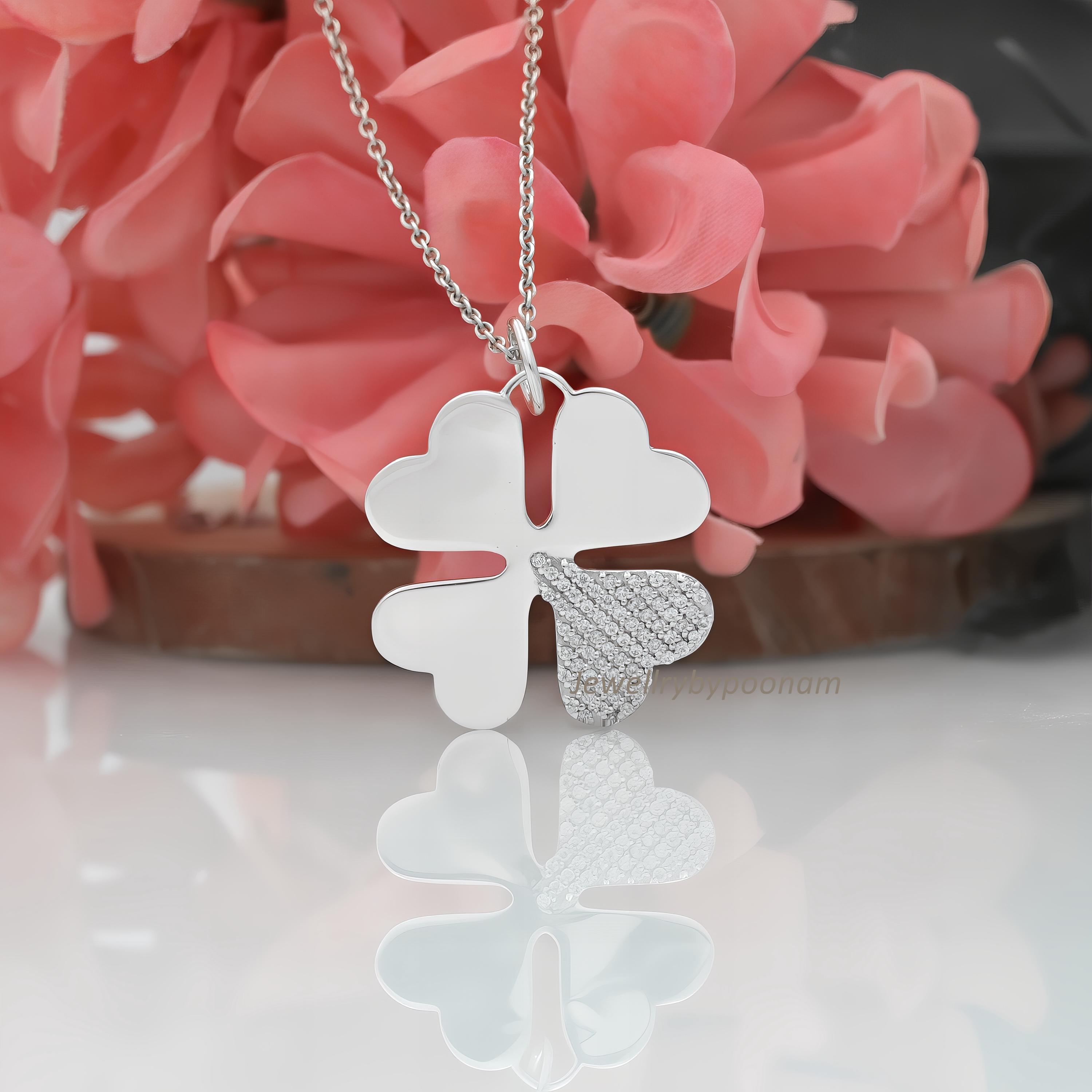 14k Gold Four Leaf Clover Diamond Pendant: Sterling Silver Charm - Jewelry By Poonam | SKU: PJP4481-SLNSCZ-35M 2/26