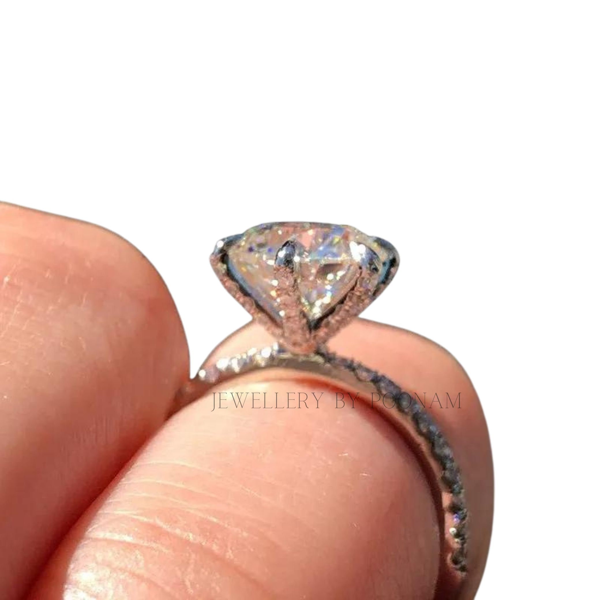 Classic 6 Prong Round Cut Simulated Diamonds Engagement Ring in Sterling Silver - View 4 - Jewelry By Poonam | SKU: R-1187