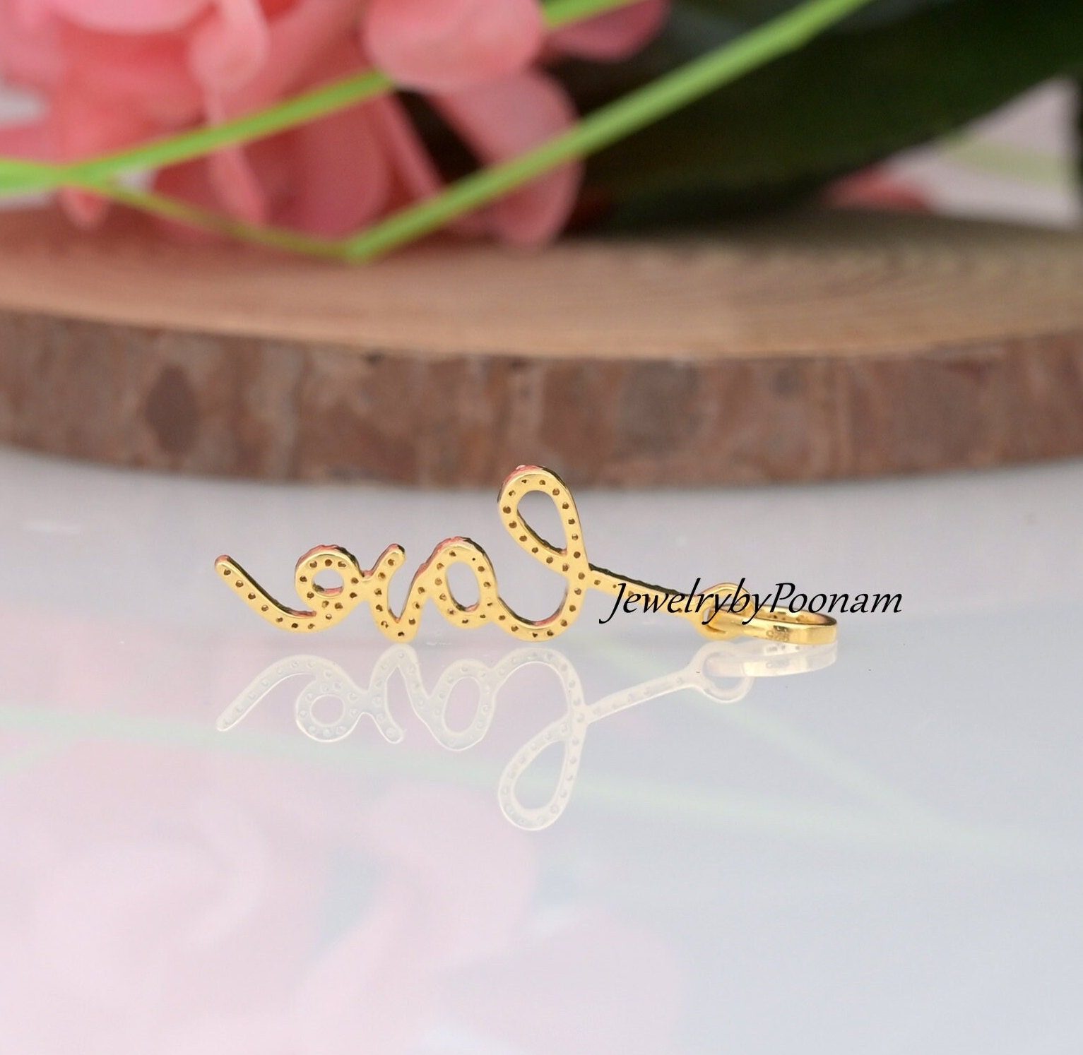 14k Solid Gold LOVE Diamond Pendant: Cursive love Pendant CZ Charm - View 2 - Jewelry By Poonam | SKU: PJP3291-SLYGCZ-40M 2/2