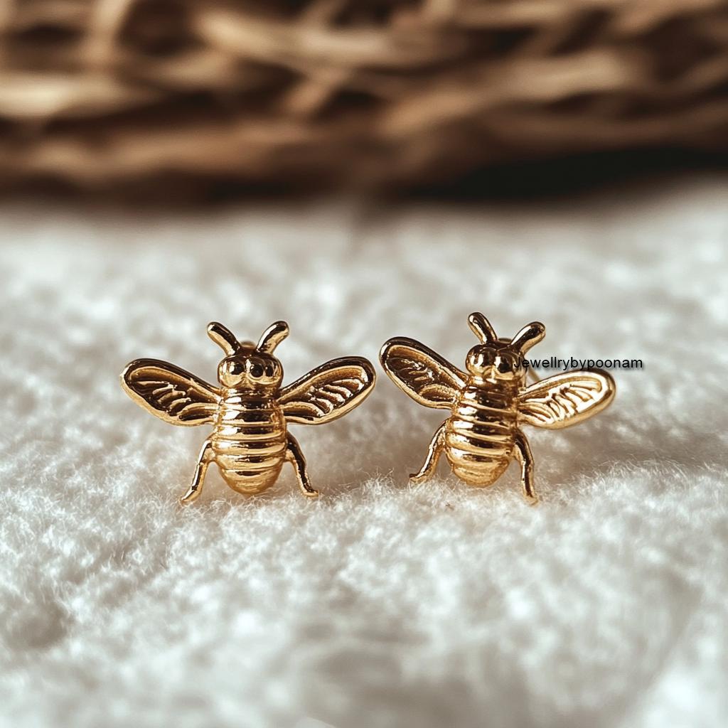 925 Sterling Silver Bee Stud Earrings — Handmade Dainty Jewelry - View 4 - Jewelry By Poonam | SKU: PJE1739-SLYG-10M 2/2026