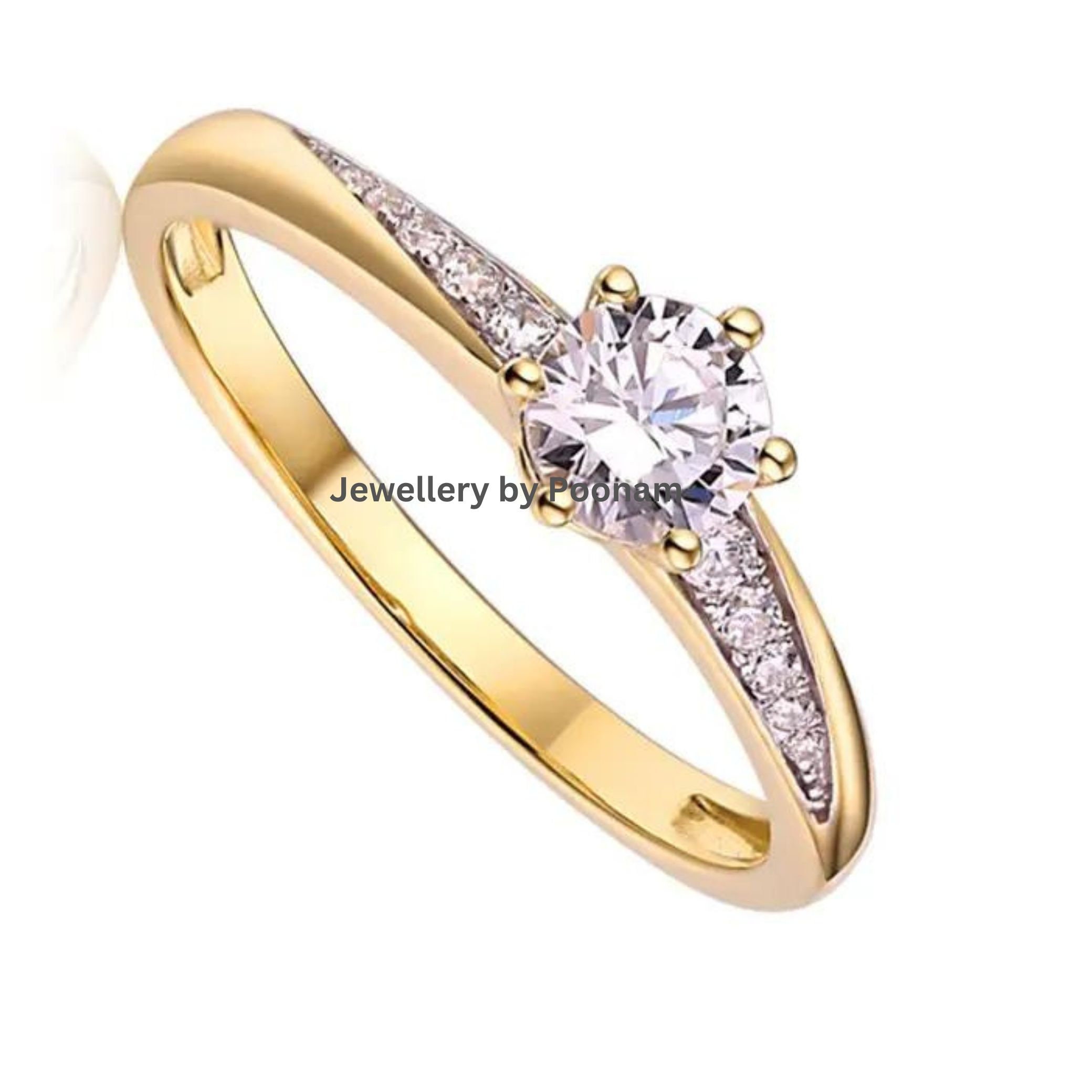 Moissanite Diamond Yellow Gold Ring: CZ Accent Wedding Jewelry - Jewelry By Poonam | SKU: R-1035
