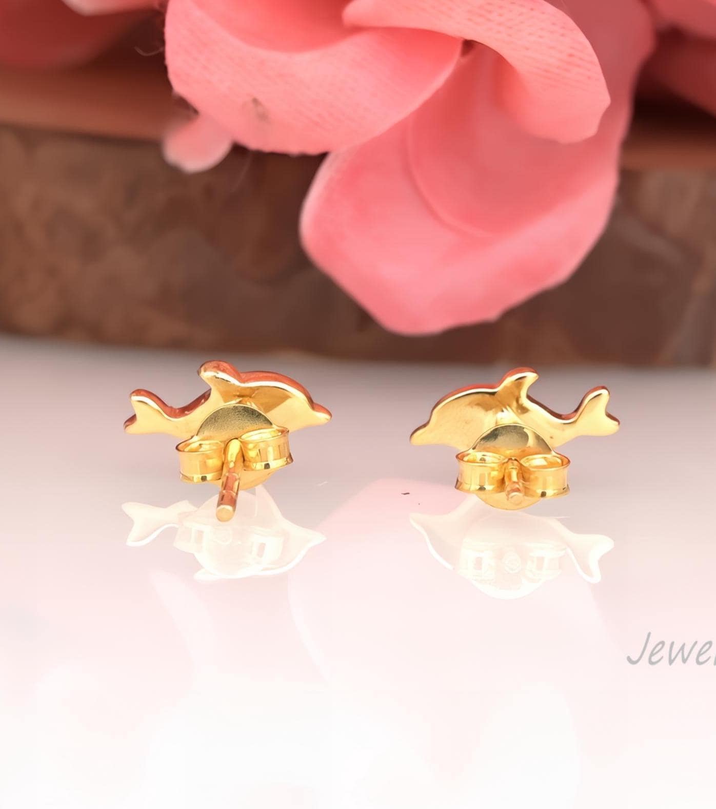 Sterling Silver Dolphin Stud Earrings with CZ: Dainty Animal Studs - View 5 - Jewelry By Poonam | SKU: PJE1683-SLYGBCZ-10M 2/