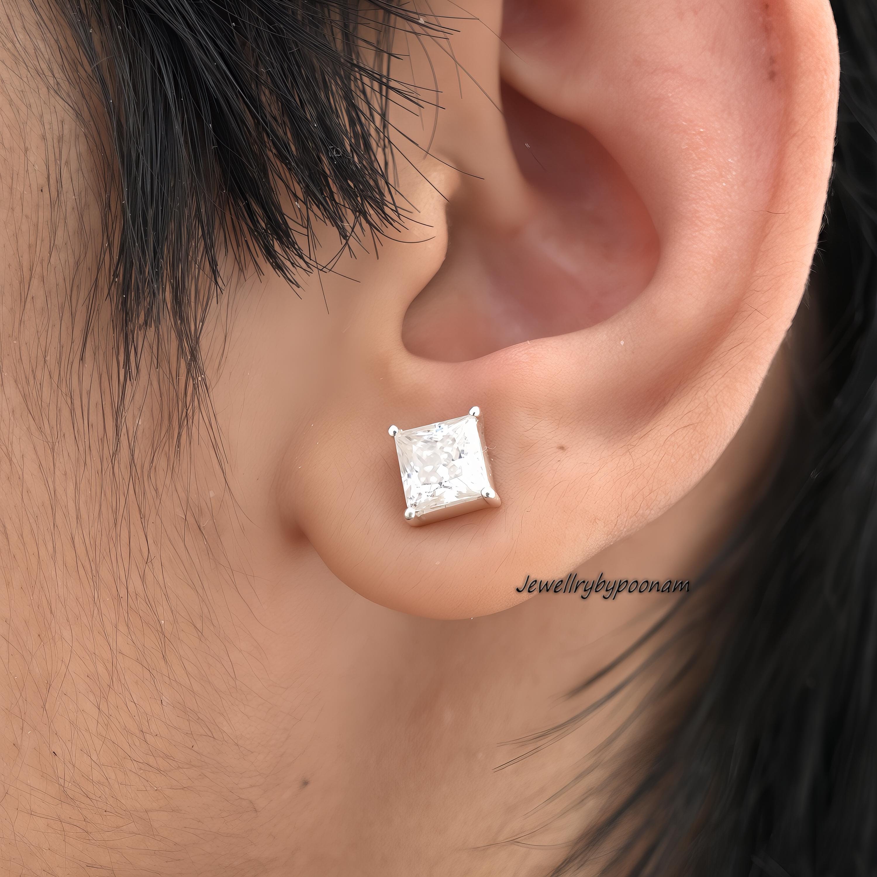 925 Sterling Silver Princess Cut Moissanite Stud Earrings, Minimalist Earrings, 6 mm Square Studs - Jewelry By Poonam | SKU: