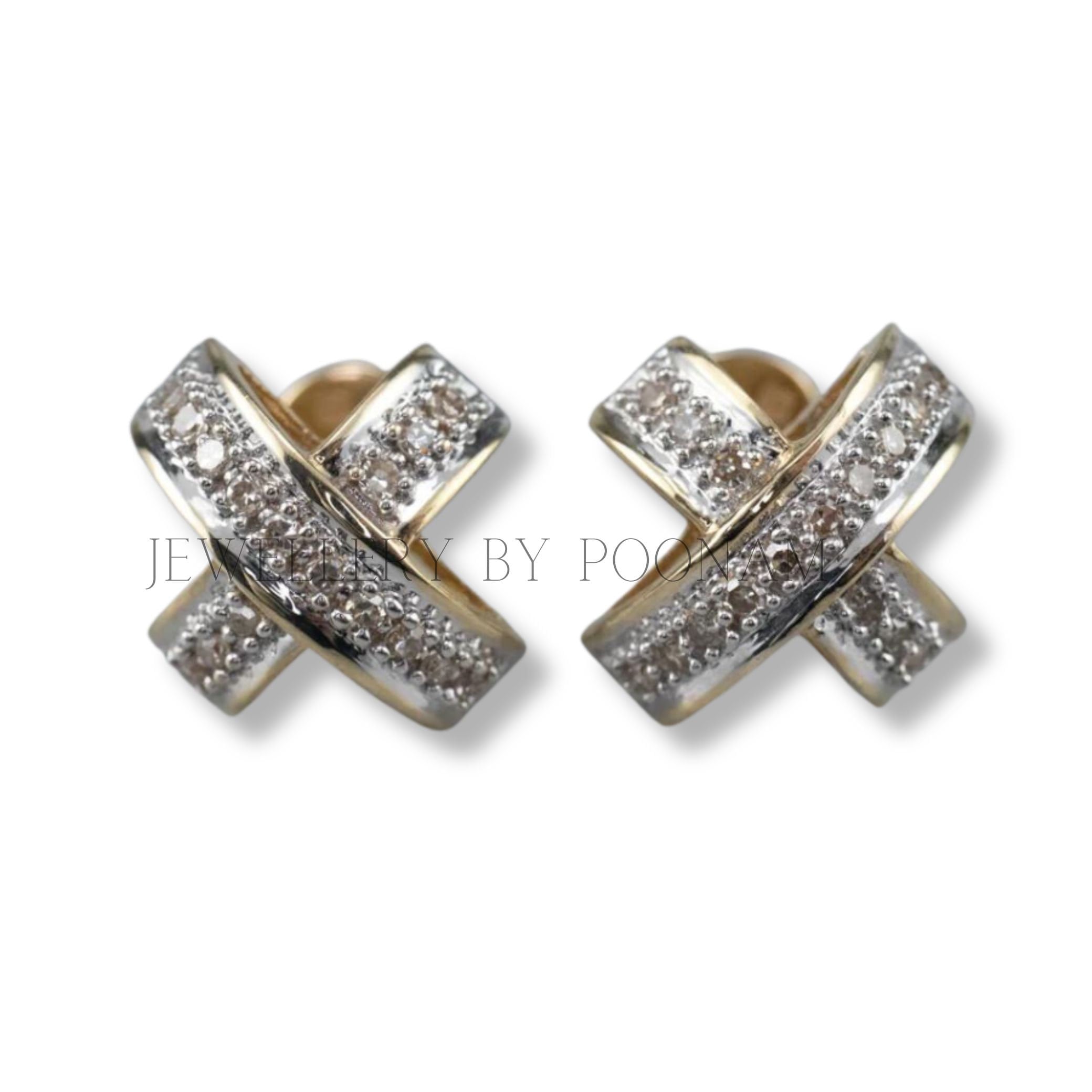 Moissanite Diamond X Stud Earrings: 9K/14K Yellow Gold & 925 Sterling Silver - Jewelry By Poonam | SKU: E-1312