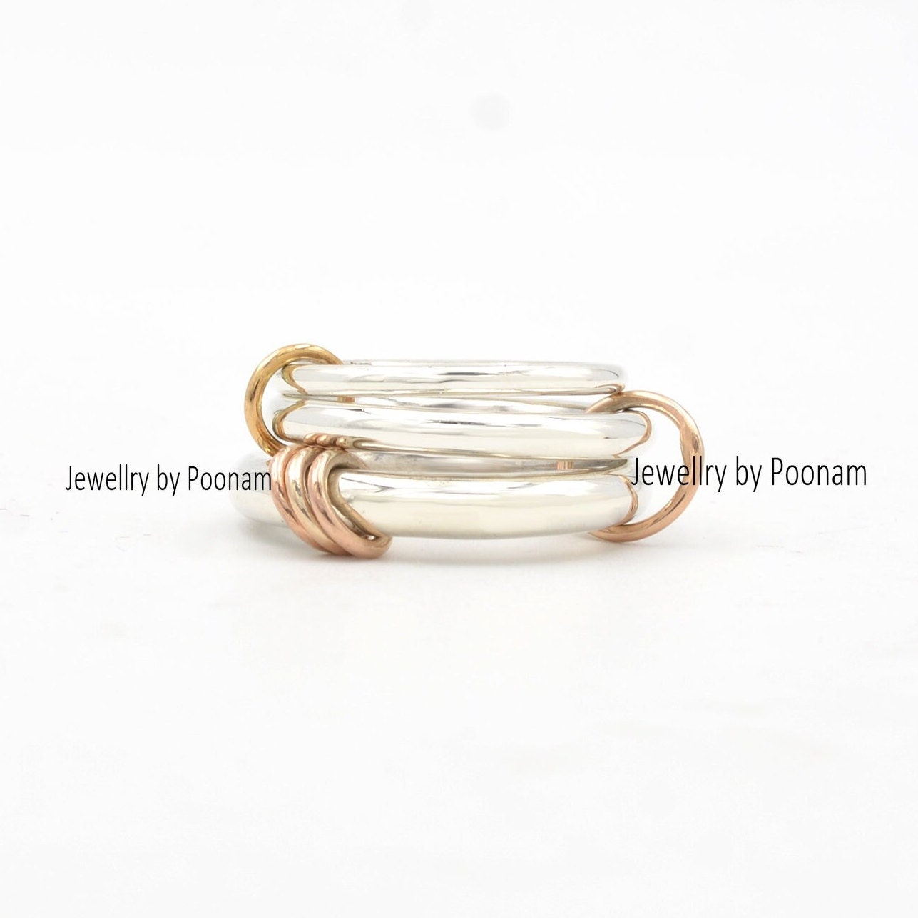 Interlocking 925 Sterling Silver Ring: Three-Band, Minimalist Stackable Jewelry, Handmade Stackable Band Set - View 2 - Jewel