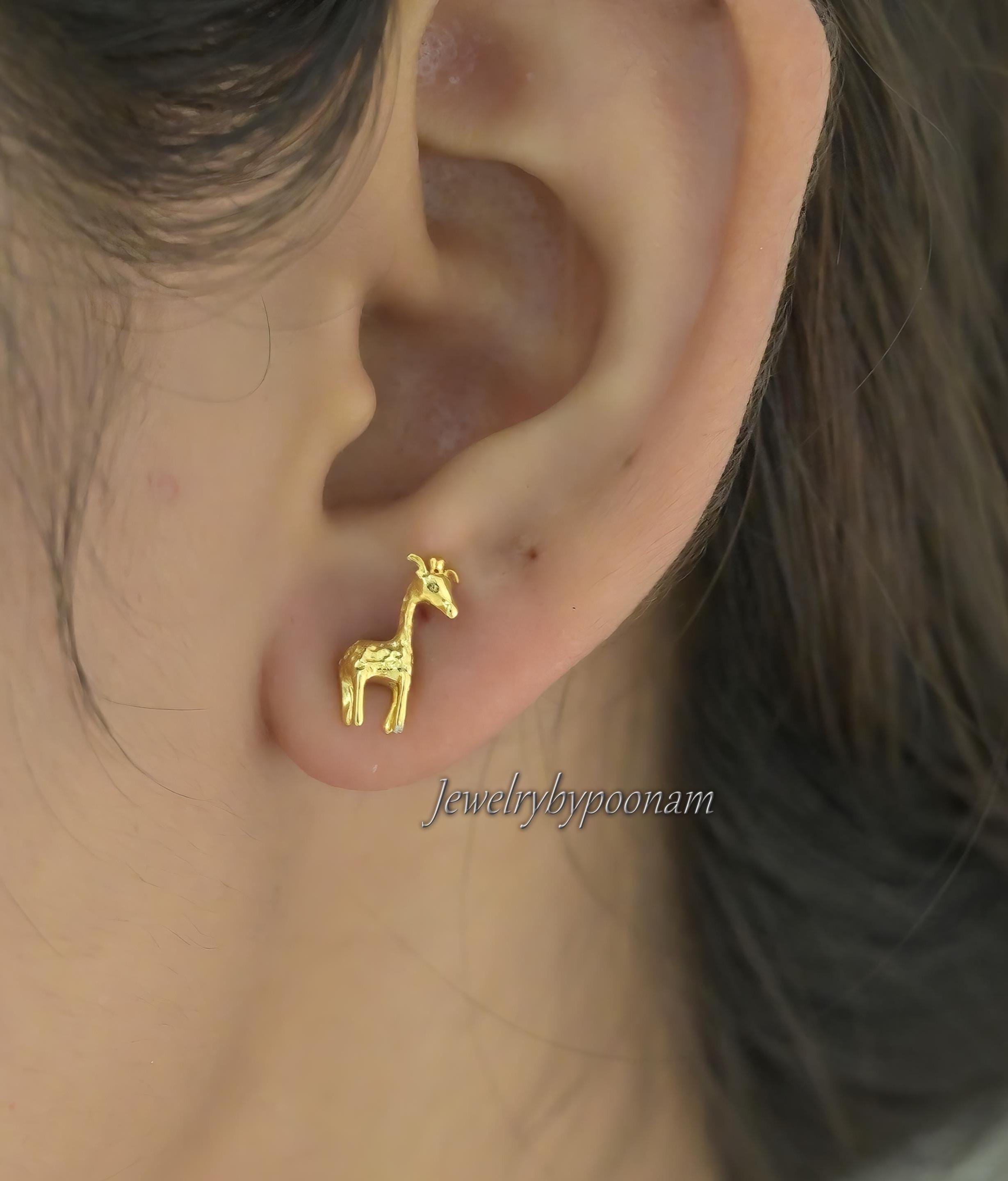 Small Giraffe Stud Earrings โ 925 Sterling Silver Gold Plated Animal Jewelry - View 2 - Jewelry By Poonam | SKU: PJE1832-SLYG