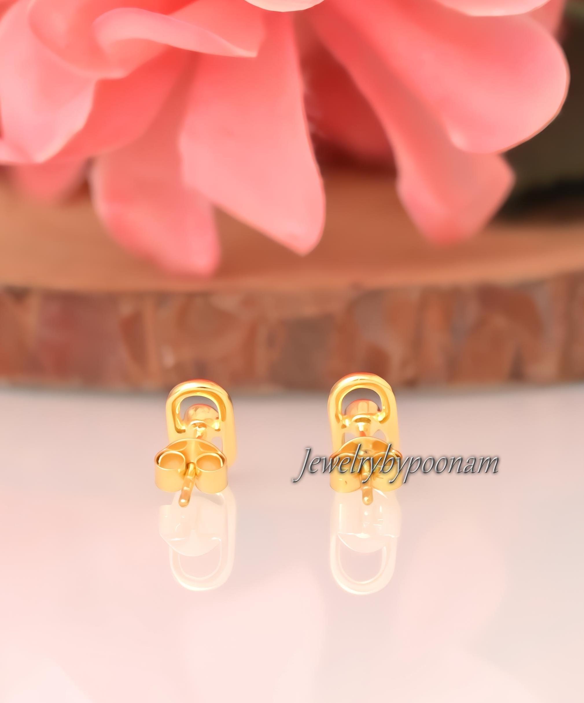 925 Sterling Silver Paperclip Stud Earrings With CZ: Dainty Diamond Accent - View 4 - Jewelry By Poonam | SKU: PJE1864-SLYGCZ