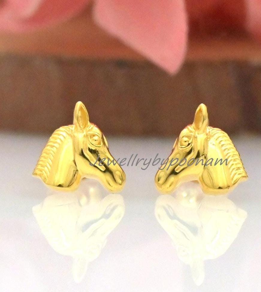 Dainty Horse Head Stud Earrings in 925 Sterling Silver โ Minimal Animal Jewelry - Jewelry By Poonam | SKU: PJE1820-SLYG-10M 2