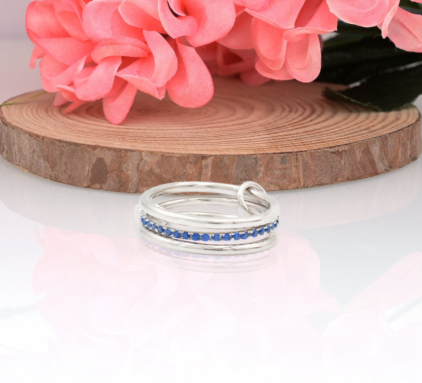 Sterling Silver Blue Sapphire Multi Band Ring, Linked Stacking Rings - Jewelry By Poonam | SKU: PJR15- 2/26