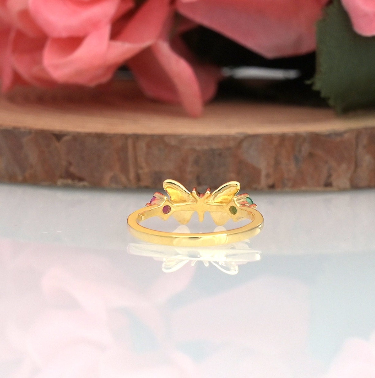 14k Gold Plated Butterfly Ring: Emerald, Ruby & CZ Sterling Silver - View 2 - Jewelry By Poonam | SKU: PJR2682-SLYGCZEMRU-US-