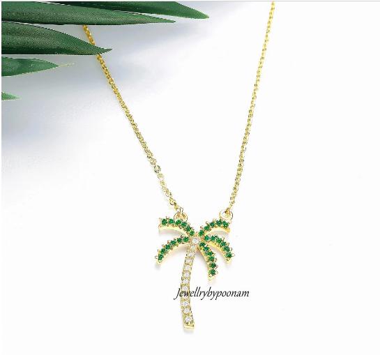 14K Gold Plated Palm Tree Pendant: Emerald & CZ Sterling Silver - View 2 - Jewelry By Poonam | SKU: PJP