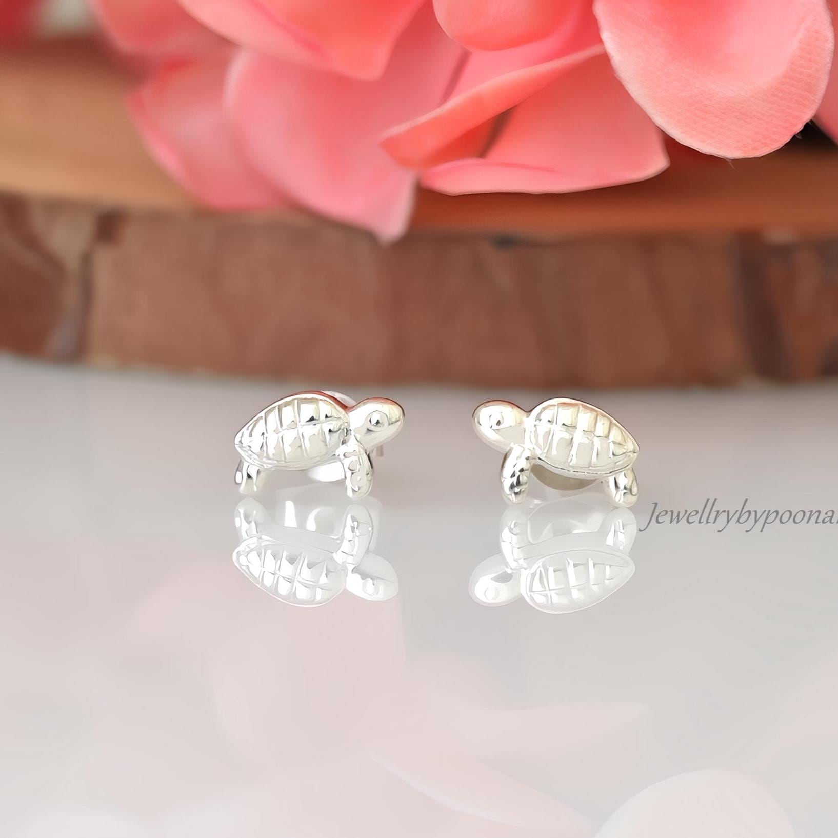 925 Sterling Silver Turtle Stud Earrings: Tiny Sea Turtle Studs - Jewelry By Poonam | SKU: PJE1924-SLNS-10M 2/2026,PJE-SLNS-1