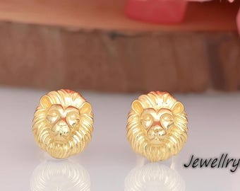 14k Gold Lion Head Stud Earrings: Tiny Leo Earrings