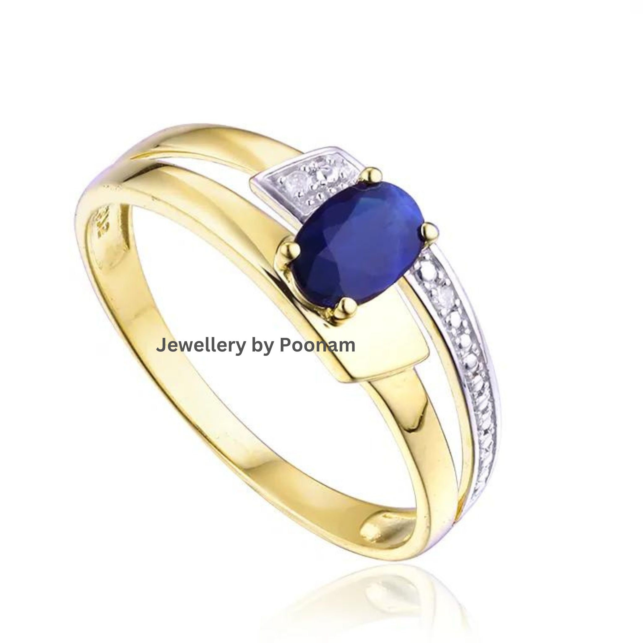 Blue Sapphire Moissanite 925 Gold Plated Wedding Ring - View 2 - Jewelry By Poonam | SKU: R-1061