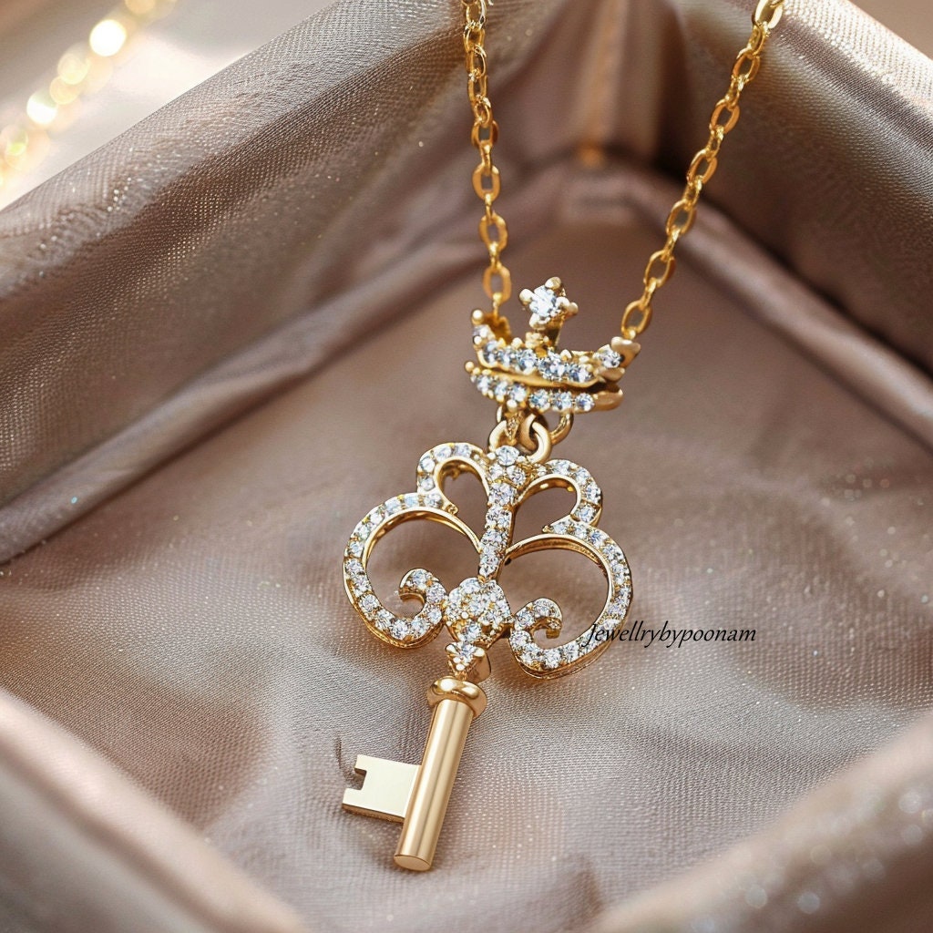 14k Gold Plated Crown Key Pendant: Sterling Silver CZ - View 3 - Jewelry By Poonam | SKU: PJP3491-SLYGBSP-40MM 2/26