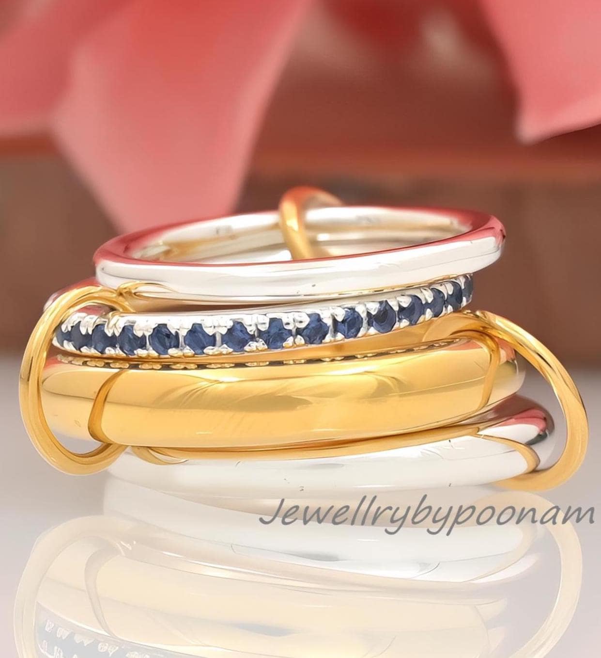 9k gold Multi-Link Connector Ring; Chunky Interlocking Statement Ring - Jewelry By Poonam | SKU: PJR736-SLYGNSRGCZ-US-8 2/202