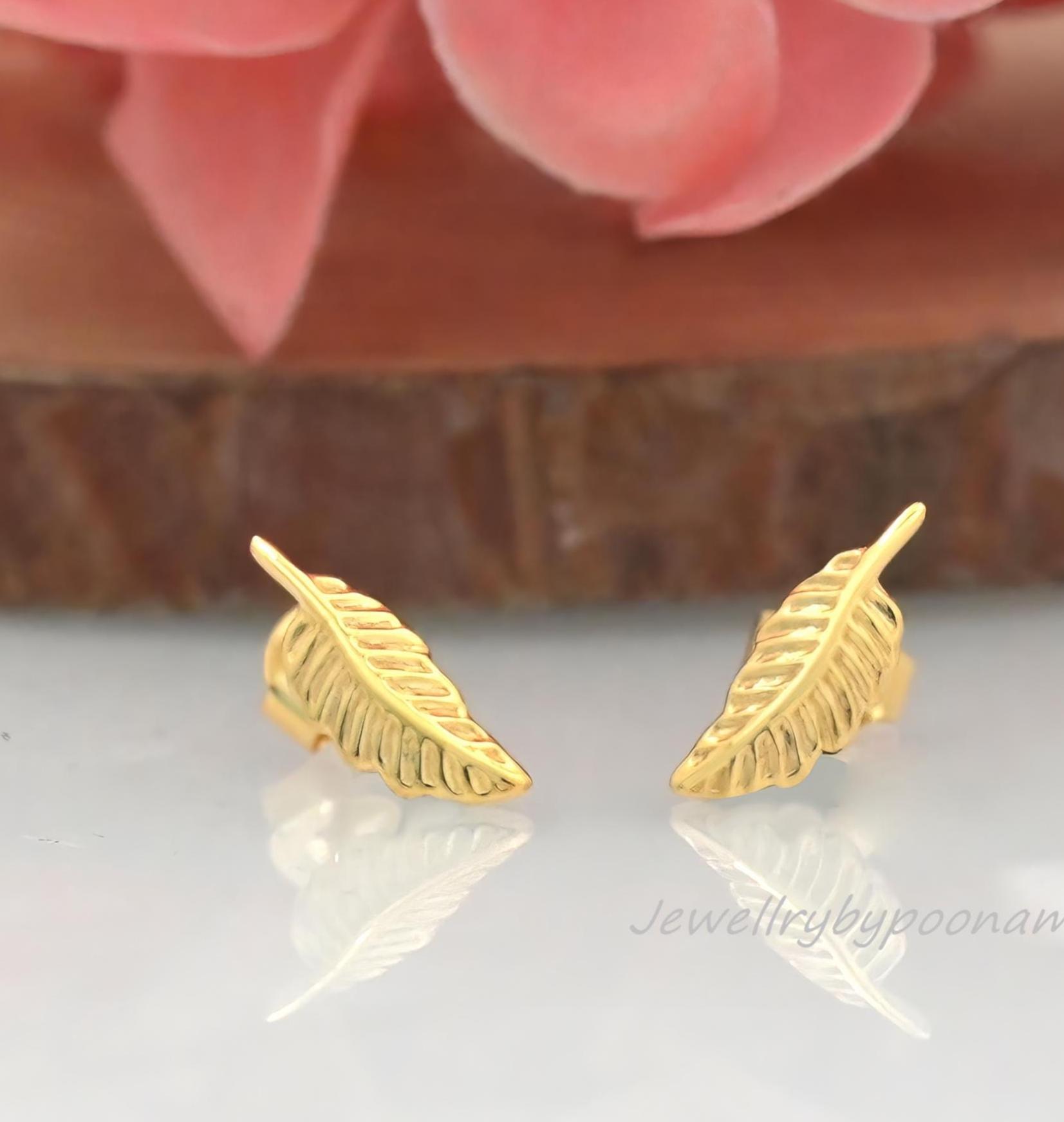 925 Sterling Silver Gold Plated Feather Earrings – Dainty Feather Studs - Jewelry By Poonam | SKU: PJE1784-SLYG-10M 2/2026