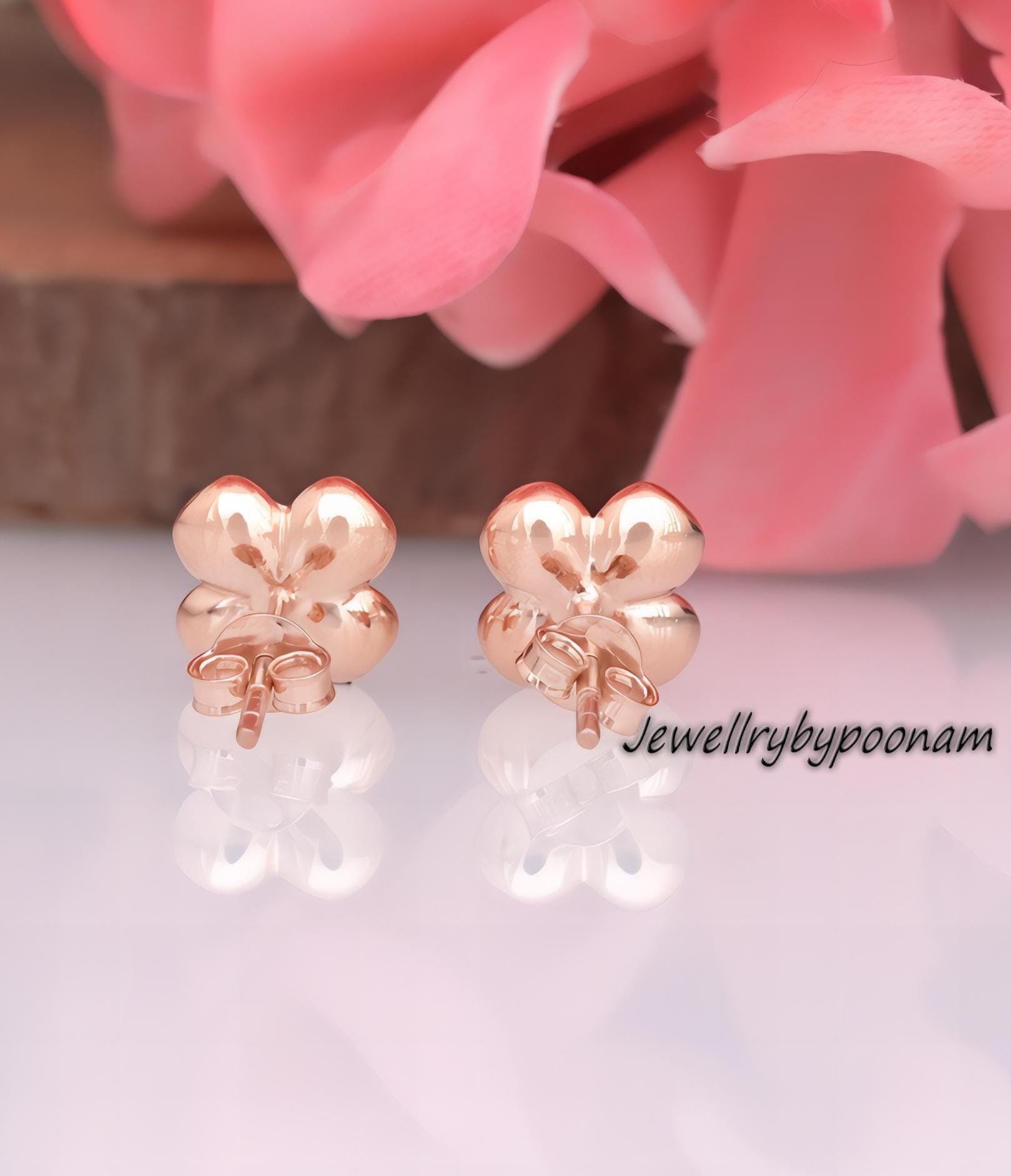 925 Silver Rose Gold Plated Clover Stud Earrings, 10mm - View 3 - Jewelry By Poonam | SKU: PJE1699-SLRG-10M 2/2026