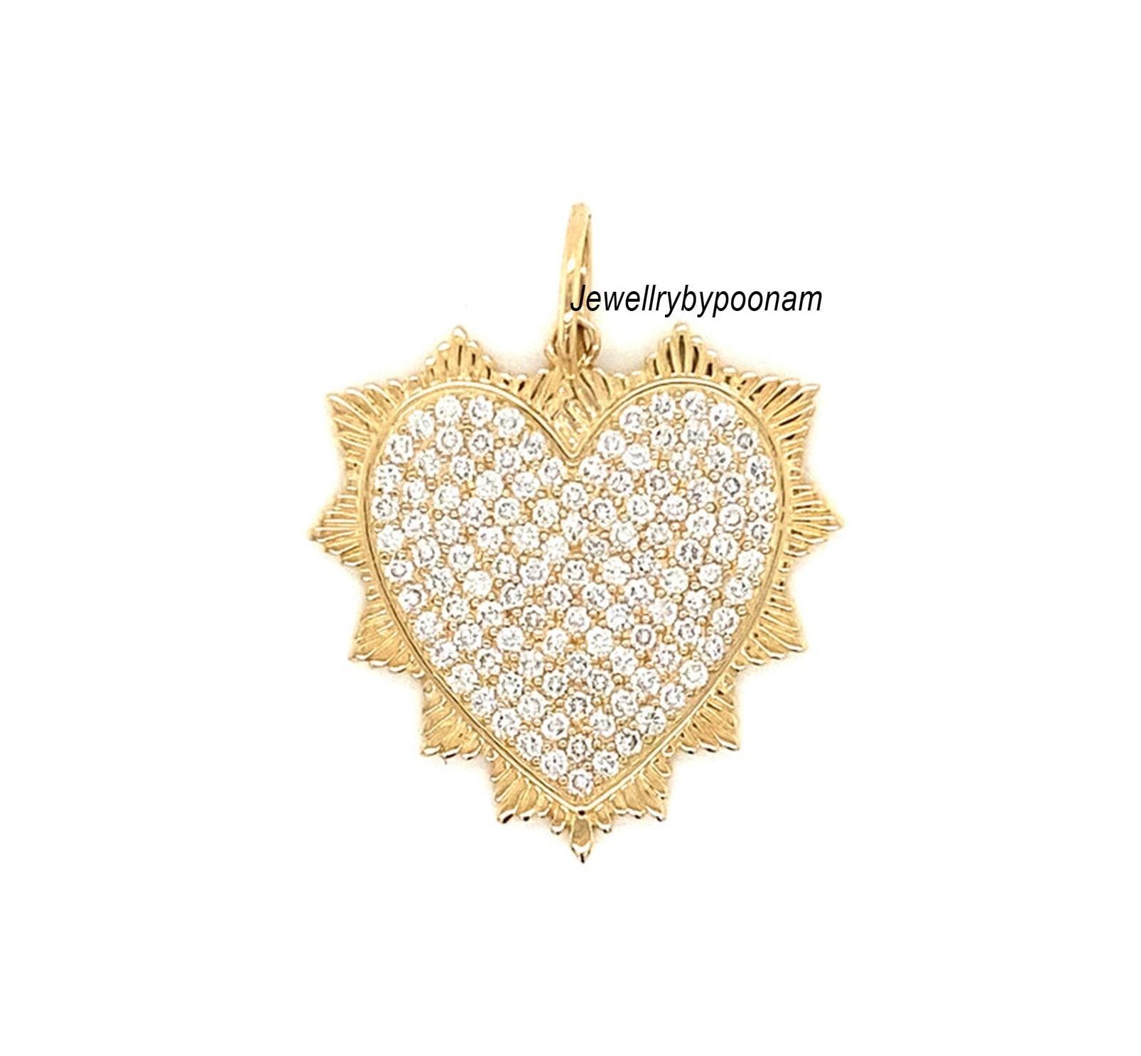 14K Gold Diamond Heart Pendant: Handmade Fluted Design - View 3 - Jewelry By Poonam | SKU: PJP4353-14KYGMN-27M 2/26