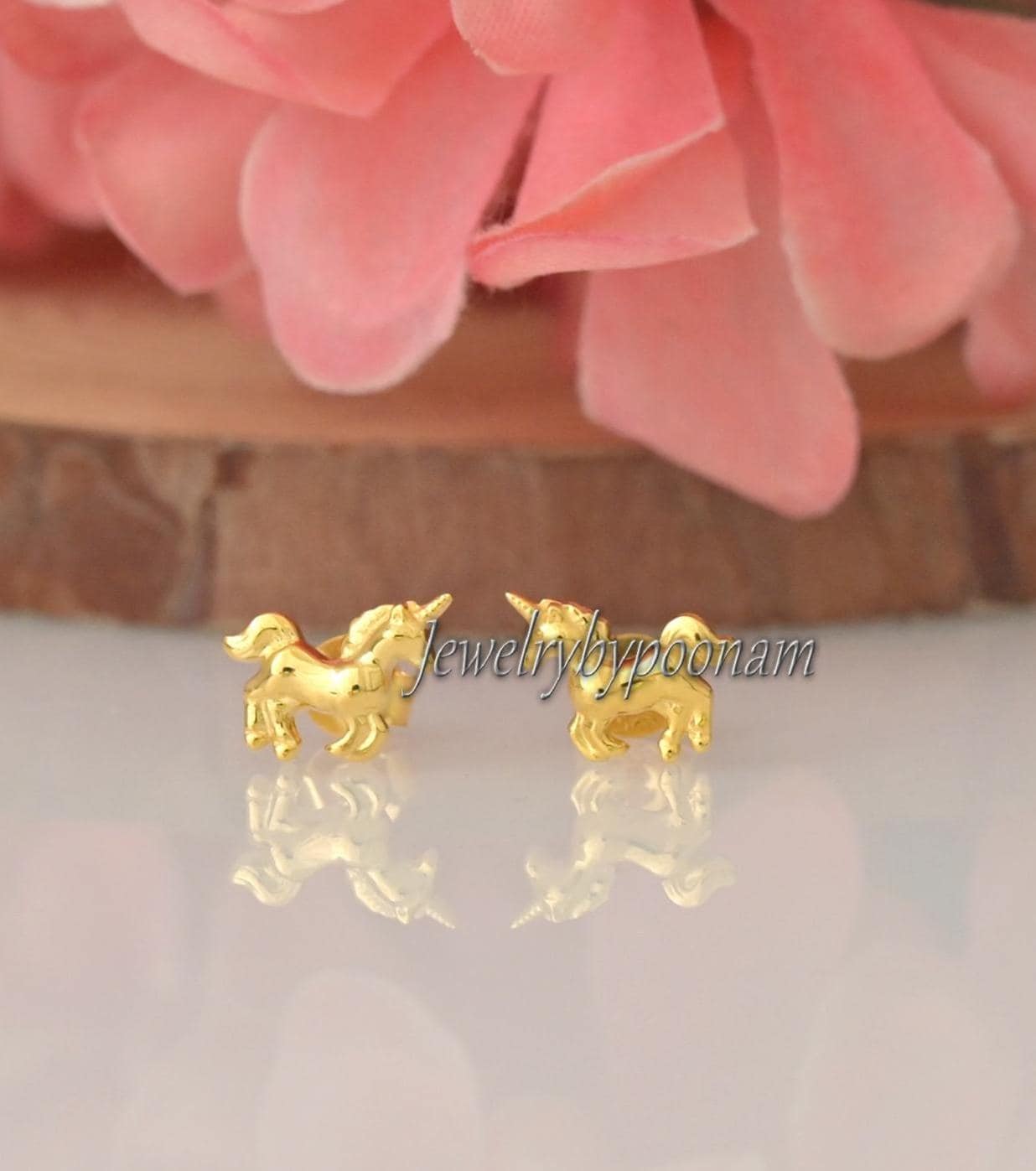 925 Sterling Silver Unicorn Stud Earrings — Dainty Flying Horse Jewelry - Jewelry By Poonam | SKU: PJE1886-SLYG-10M 2/26