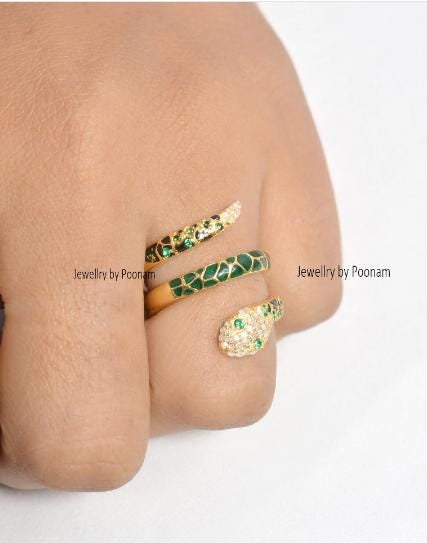 Diamond & Emerald Snake Ring: 925 Silver, Green Enamel - View 2 - Jewelry By Poonam | SKU: PJR1040- 2/26
