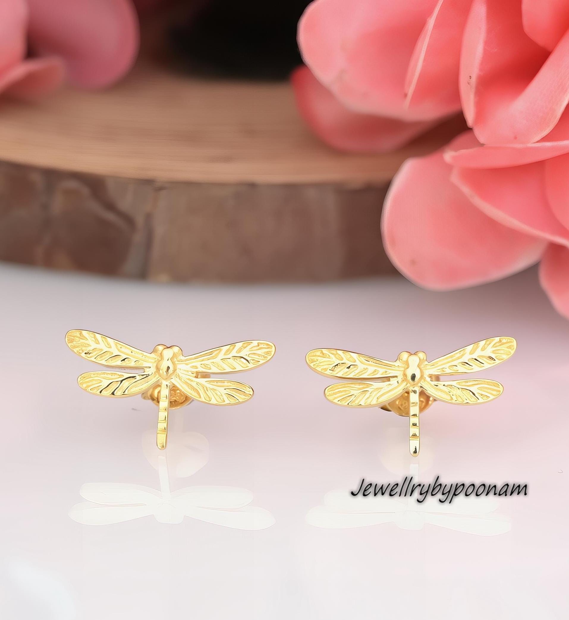 Dragonfly Stud Earrings – 9K Gold or Sterling Silver, Dainty Nature Jewelry - Jewelry By Poonam | SKU: PJE1724-SLYG-10MM,PJE1