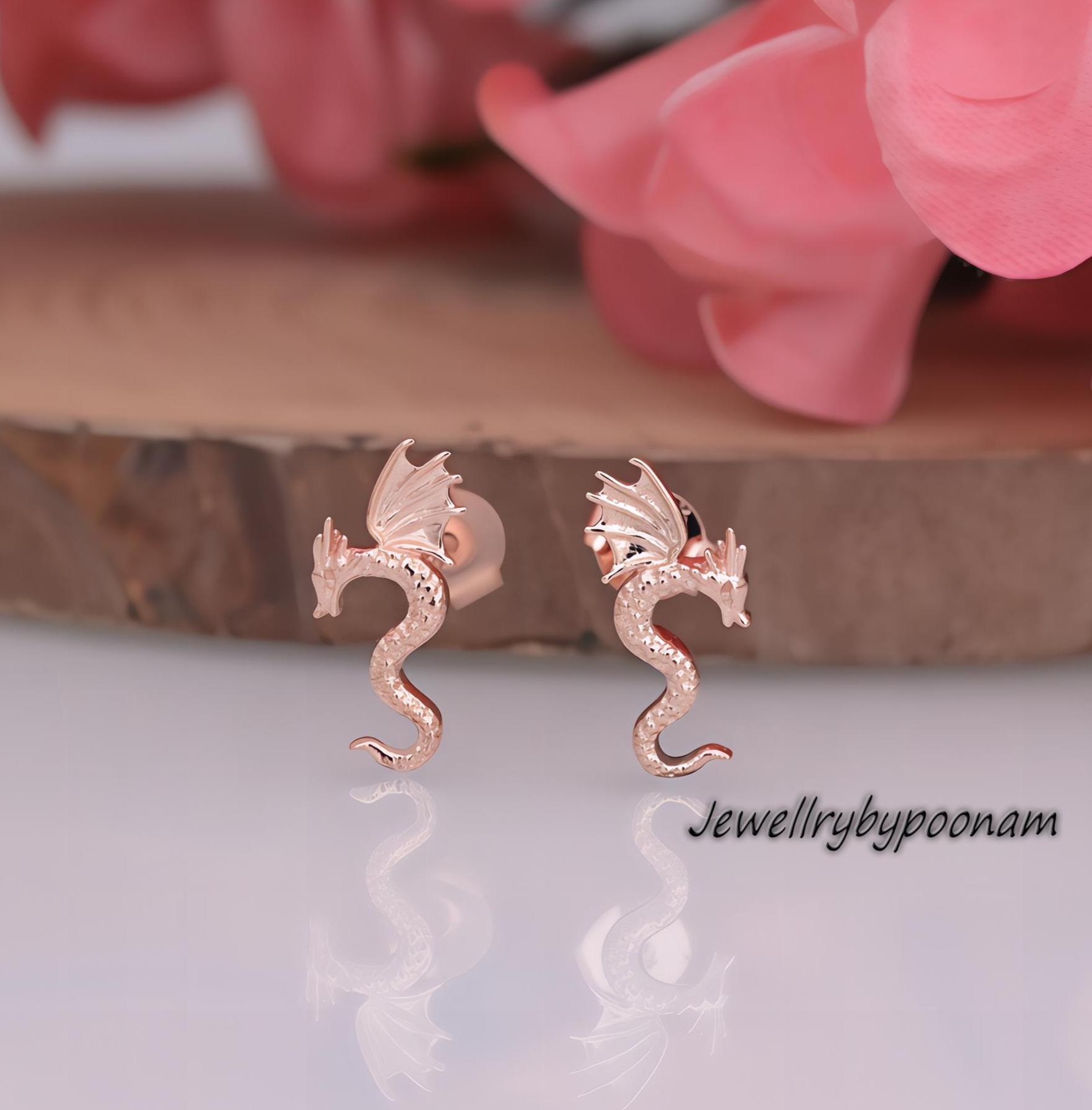 9k/14k Sterling Silver Flying Dragon Stud Earrings: Tiny Dragon Earring Flat Back - View 4 - Jewelry By Poonam | SKU: PJE1691