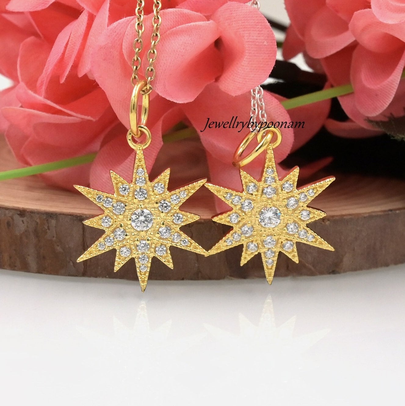 14K Gold Diamond Starburst Pendant: Moissanite Star Charm - Jewelry By Poonam | SKU: PJP3196-SLYGCZ-25M 2/26