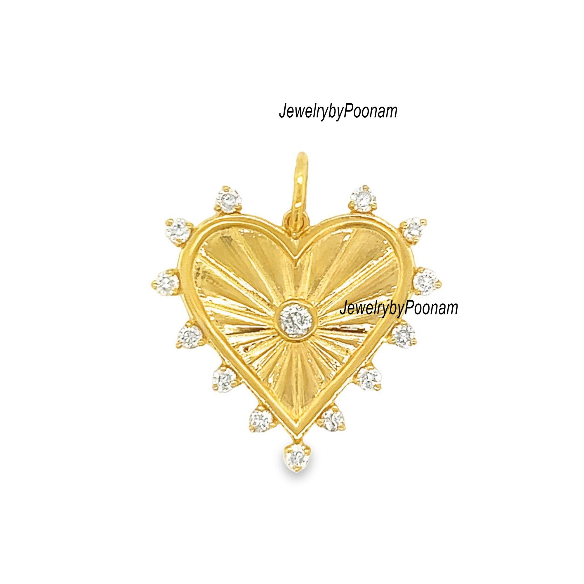 14k Solid Gold Fluted Heart Moissanite Pendant (30MM) - Jewelry By Poonam | SKU: PJP-