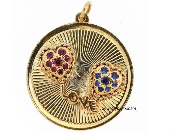 Ruby & Sapphire Heart Charm Pendant: 14k Gold Plated Sterling Silver - View 2 - Jewelry By Poonam | SKU: PJP-