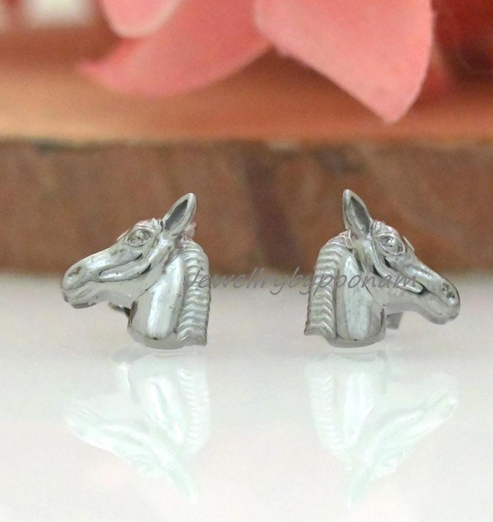 Dainty Horse Head Stud Earrings in 925 Sterling Silver โ Minimal Animal Jewelry - View 5 - Jewelry By Poonam | SKU: PJE1820-S