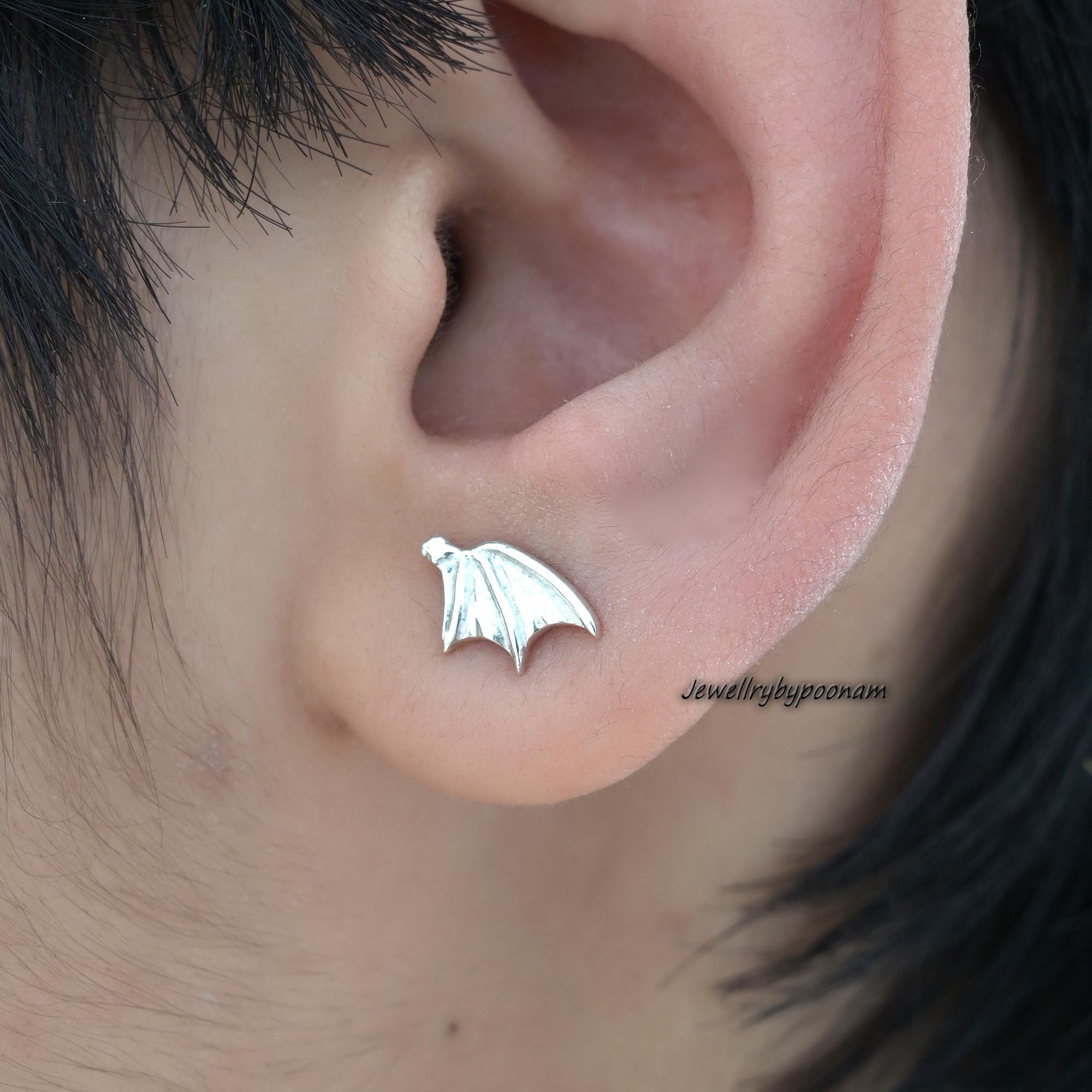 925 Sterling Silver Dragon Wing Stud Earrings, 10MM, Gothic Minimal Animal Jewelry - View 2 - Jewelry By Poonam | SKU: PJE170