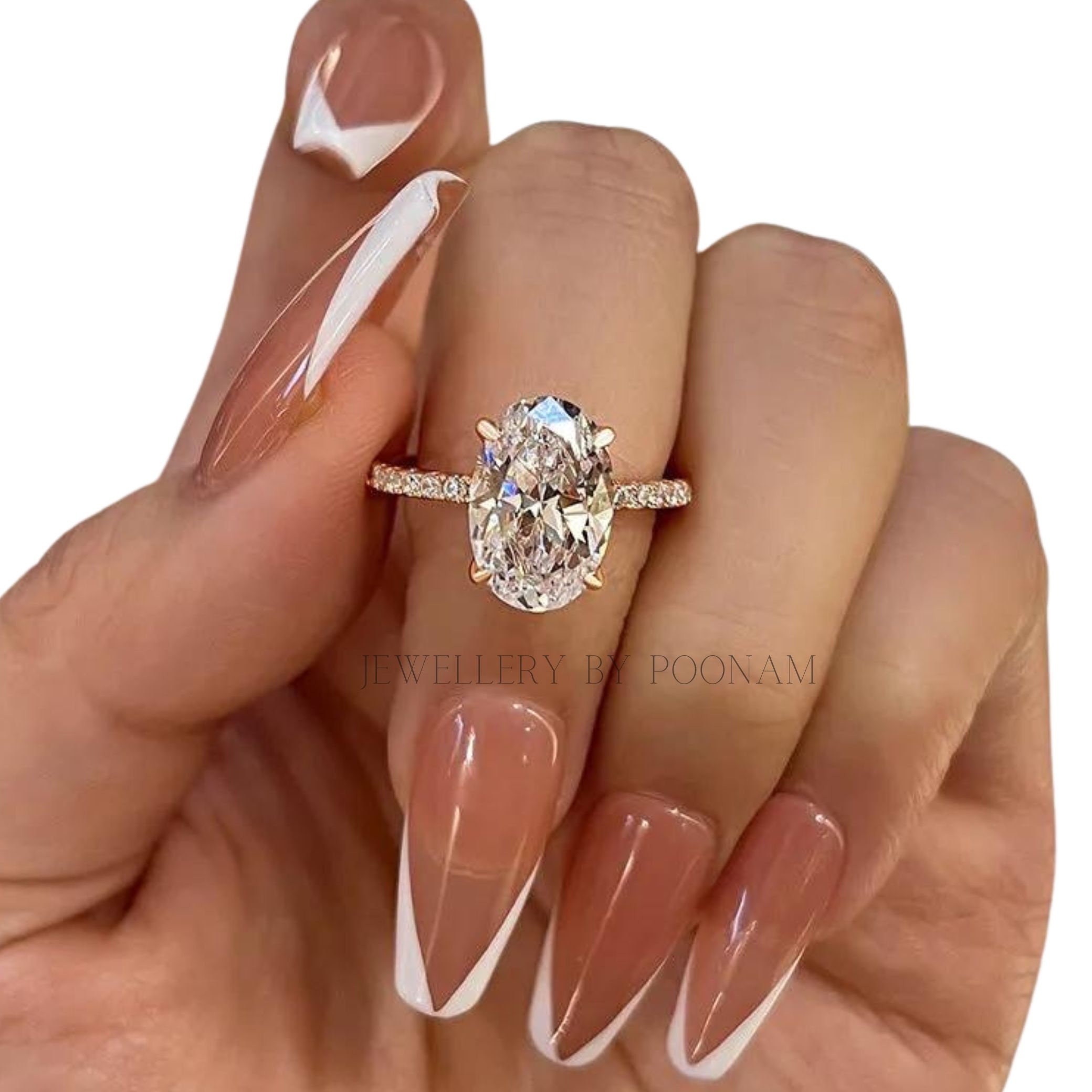 Oval Cut Simulated Diamond Engagement Ring – Sterling Silver White Gold Plated Bridal Ring - View 5 - Jewelry By Poonam | SKU
