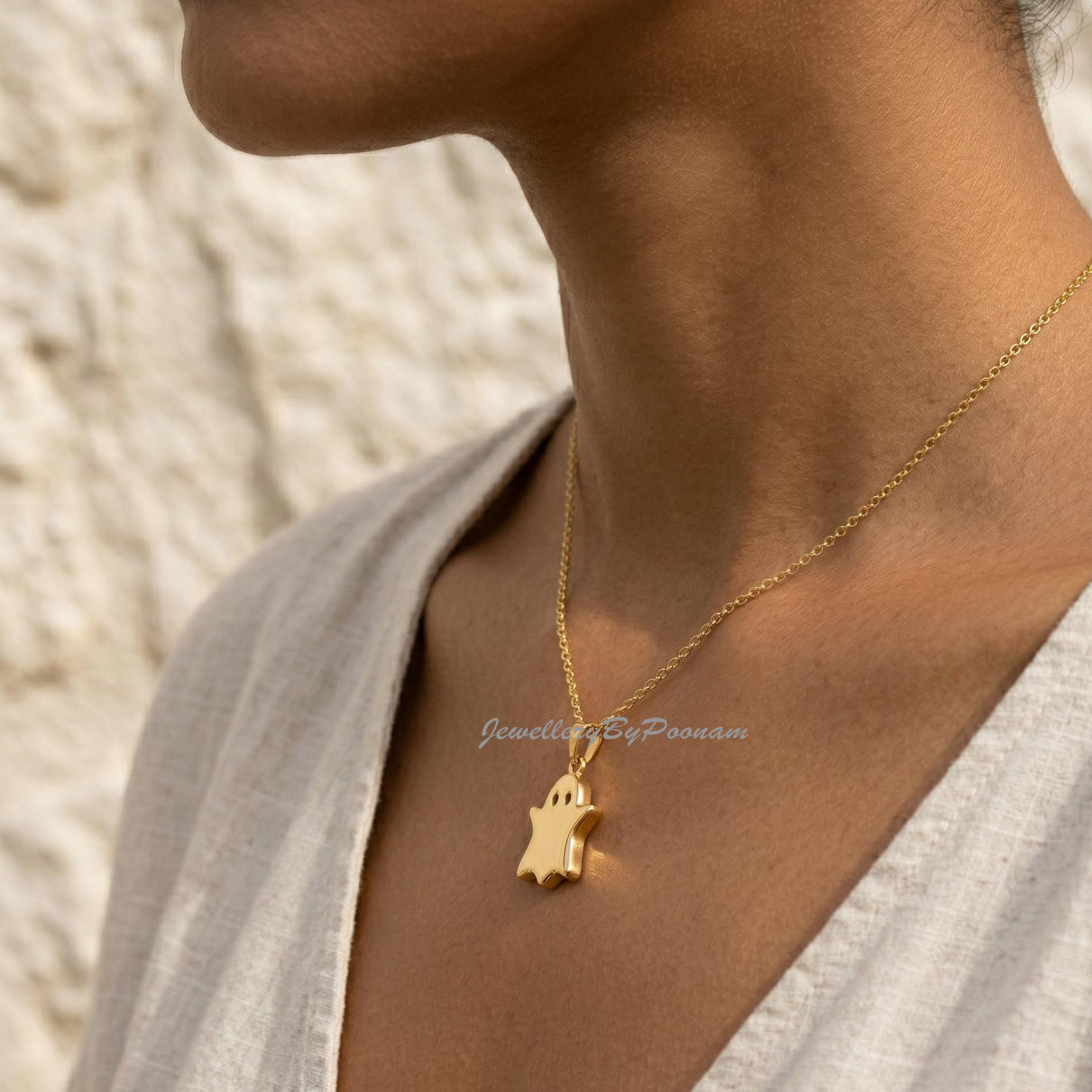 14K Yellow Gold-Plated Ghost Pendant, Minimalist Halloween Charm, 25mm Size - View 2 - Jewelry By Poonam | SKU: PJP-