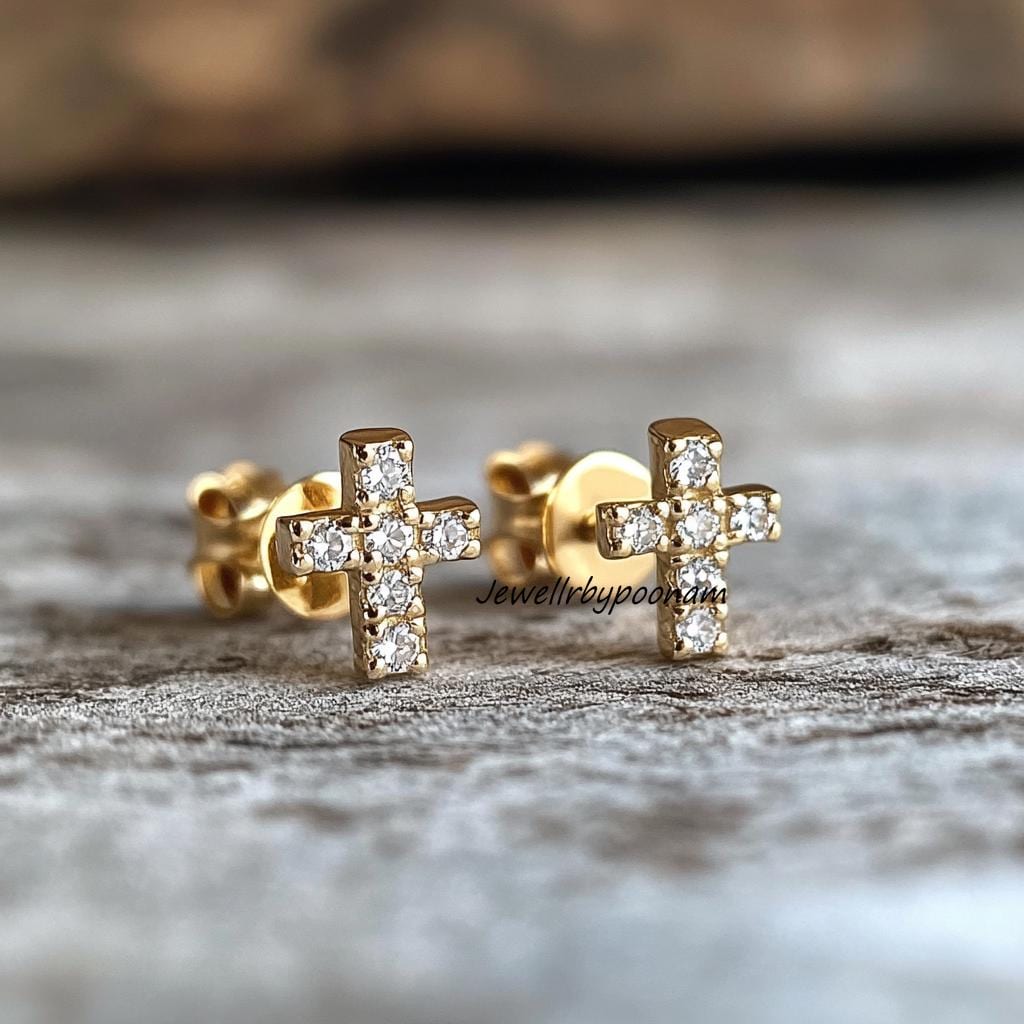 925 Sterling Silver Small Cross Earrings — Dainty Cubic Zirconia Studs - Jewelry By Poonam | SKU: PJE-